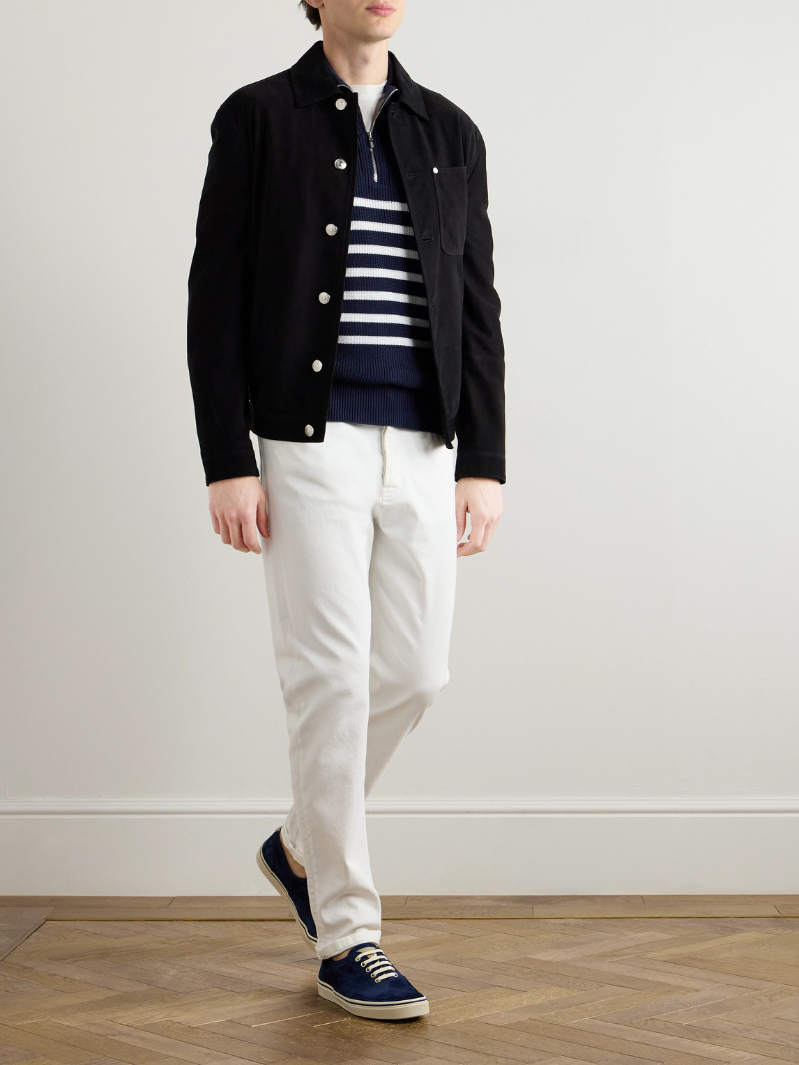 Brunello Cucinelli Striped Ribbed Cotton Half-zip Sweater In Blue