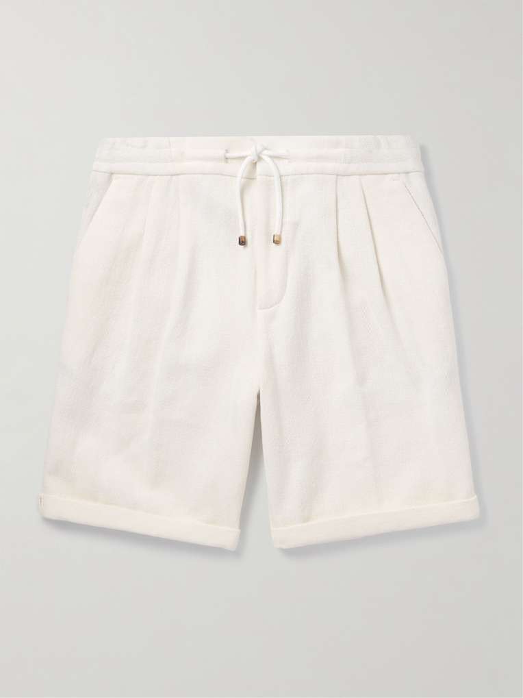 Brunello Cucinelli — Straight-Leg Pleated Herringbone Cotton and Linen-Blend Drawstring Bermuda Shorts