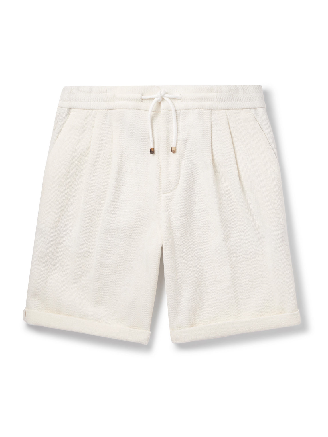 Brunello Cucinelli Straight-Leg Pleated Herringbone Cotton and Linen-Blend Drawstring Bermuda Shorts - Men