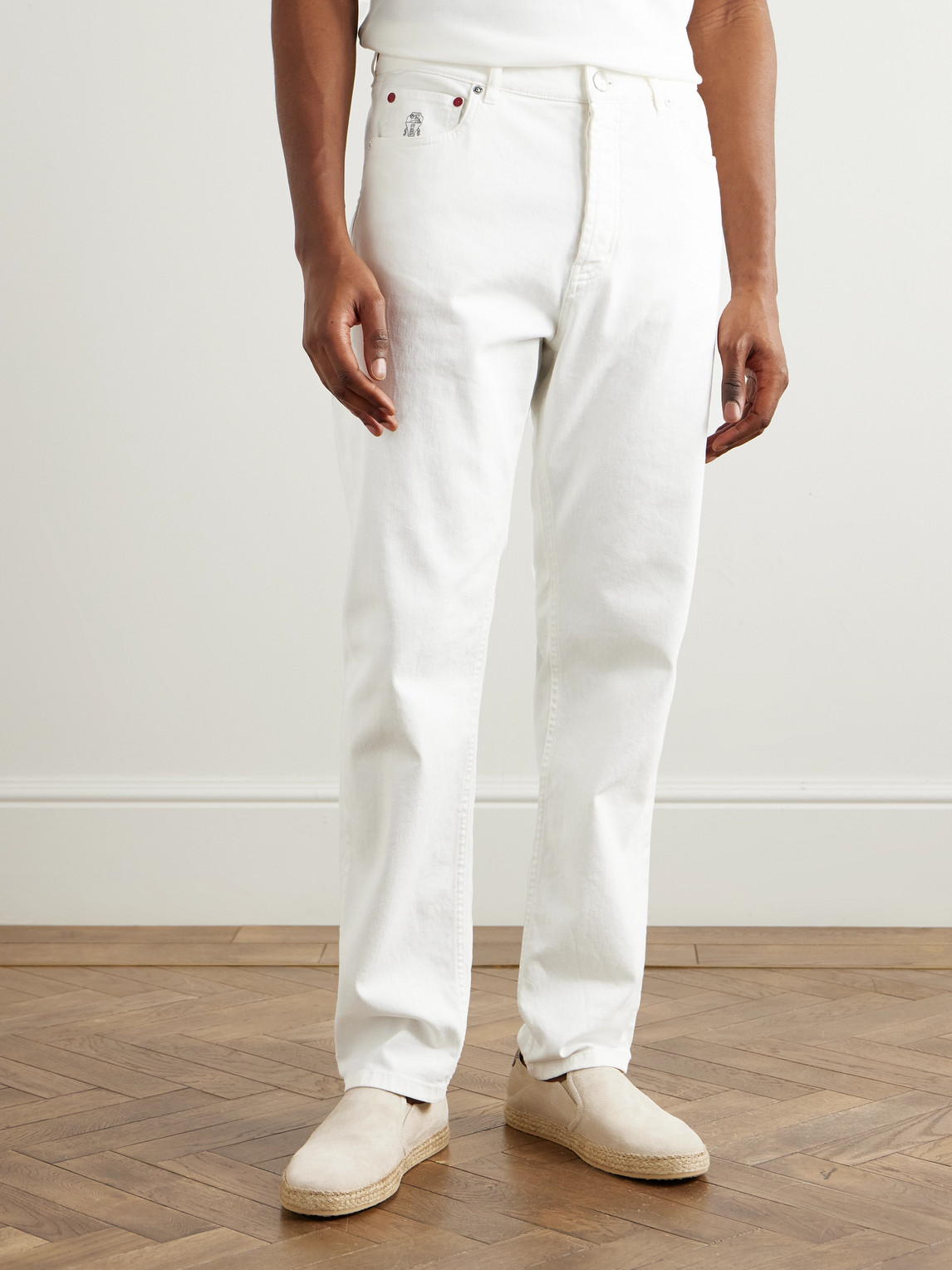 Brunello Cucinelli Straight-leg Logo-embroidered Jeans In White