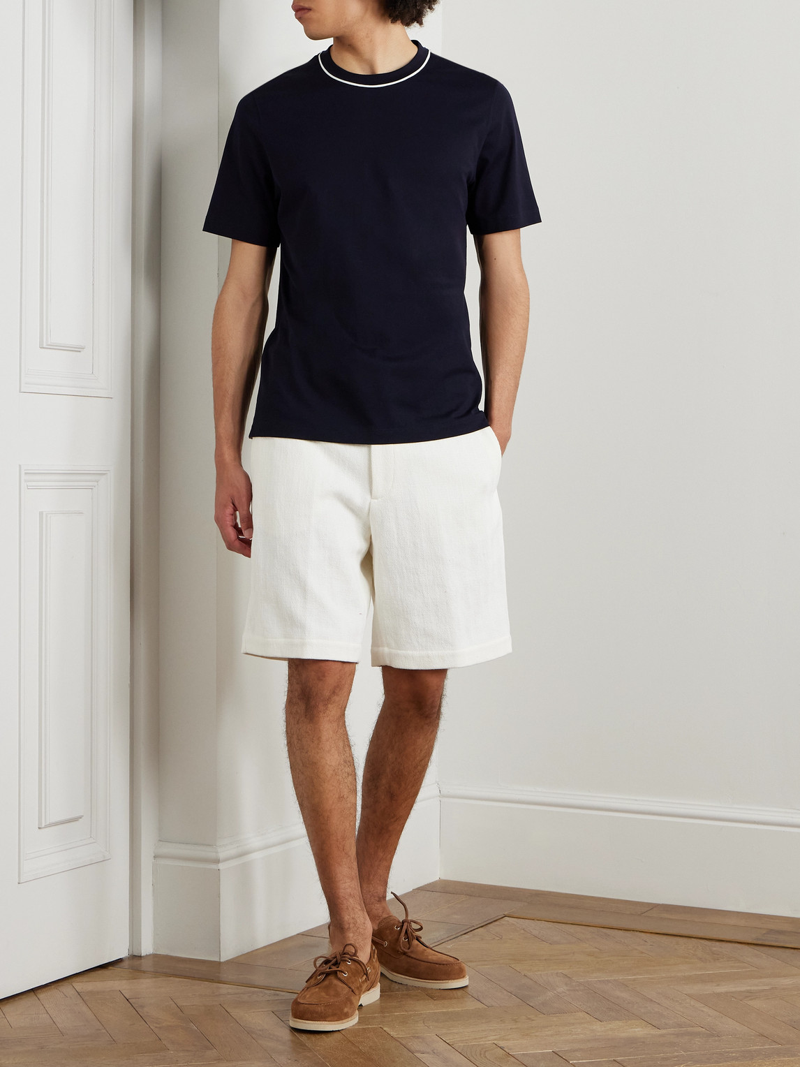 Brunello Cucinelli Piped Cotton-jersey T-shirt In Blue