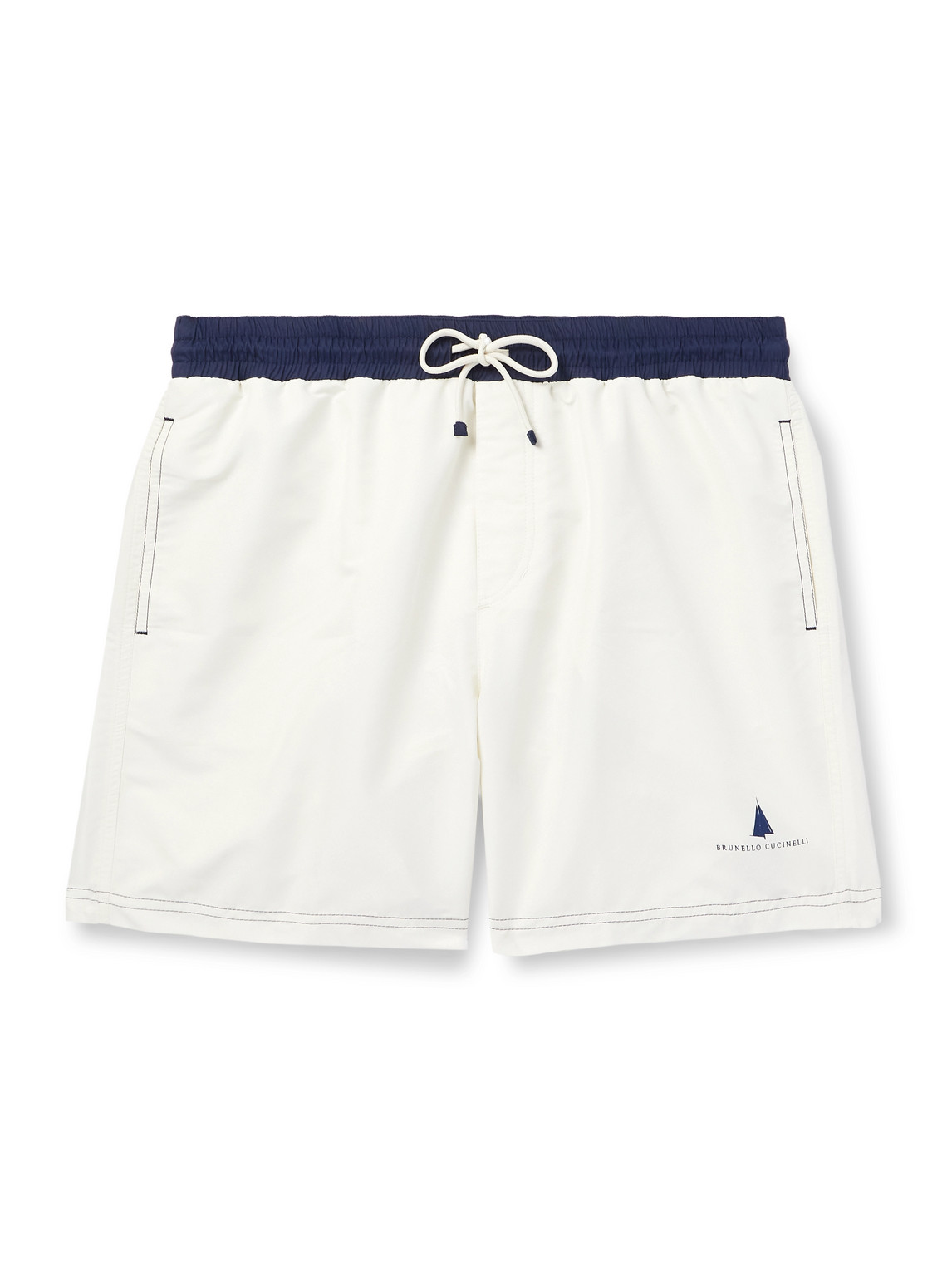 Brunello Cucinelli Straight-leg Mid-length Logo-print Swim Shorts In White