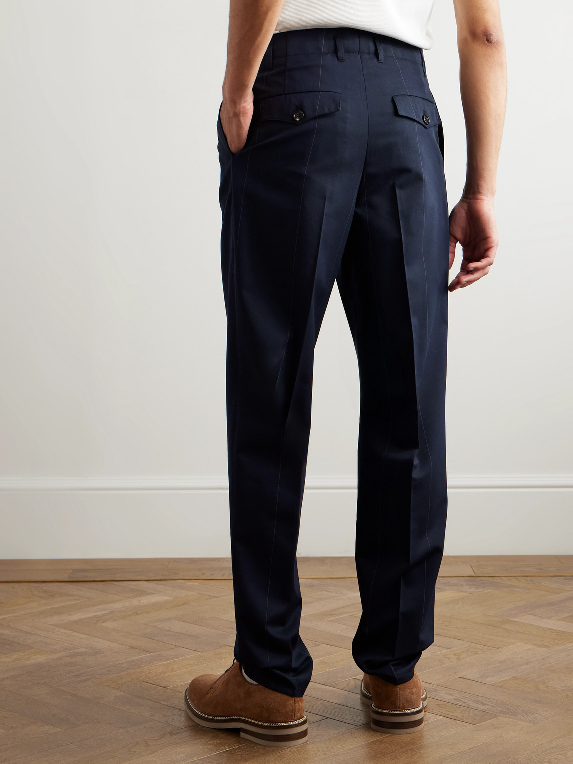 Brunello Cucinelli Tapered Pleated Pinstriped Wool And Cotton-blend Trousers