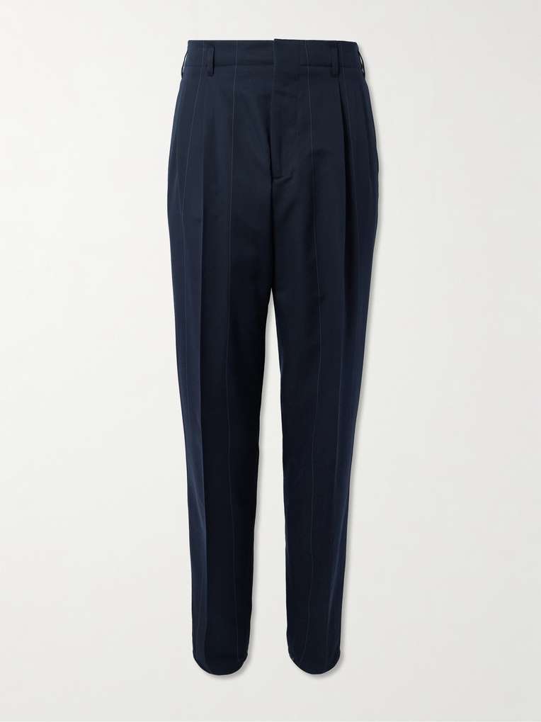 Brunello Cucinelli — Tapered Pleated Pinstriped Wool and Cotton-Blend Trousers