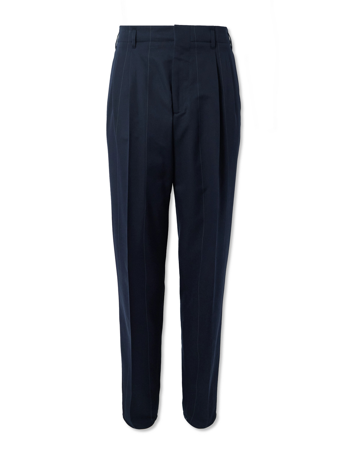 Brunello Cucinelli Tapered Pleated Pinstriped Wool And Cotton-blend Trousers