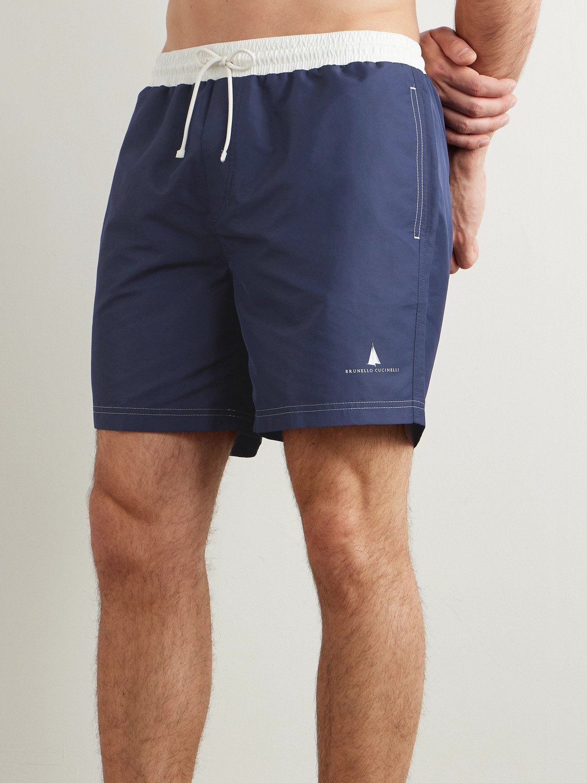 Brunello Cucinelli Straight-leg Mid-length Logo-print Swim Shorts In Blue