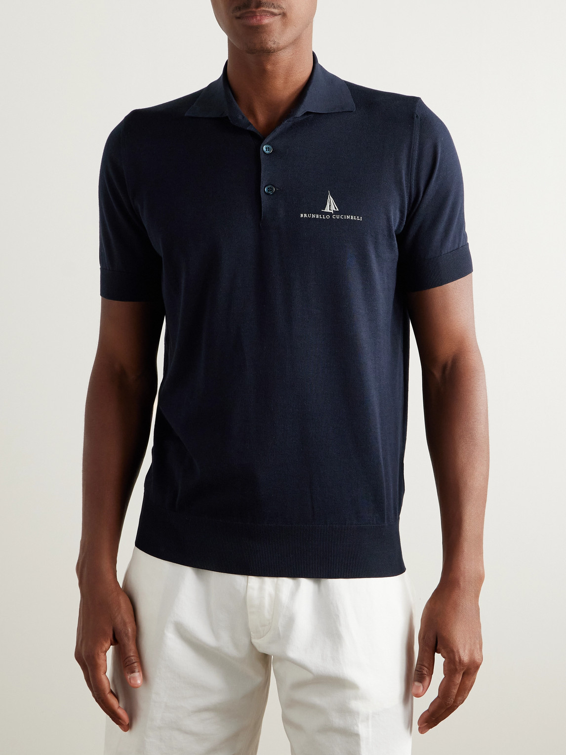  Brunello Cucinelli - Slim-fit Logo-embroidered Silk And Cotton-blend Polo Shirt - Men - Blue - It 54 