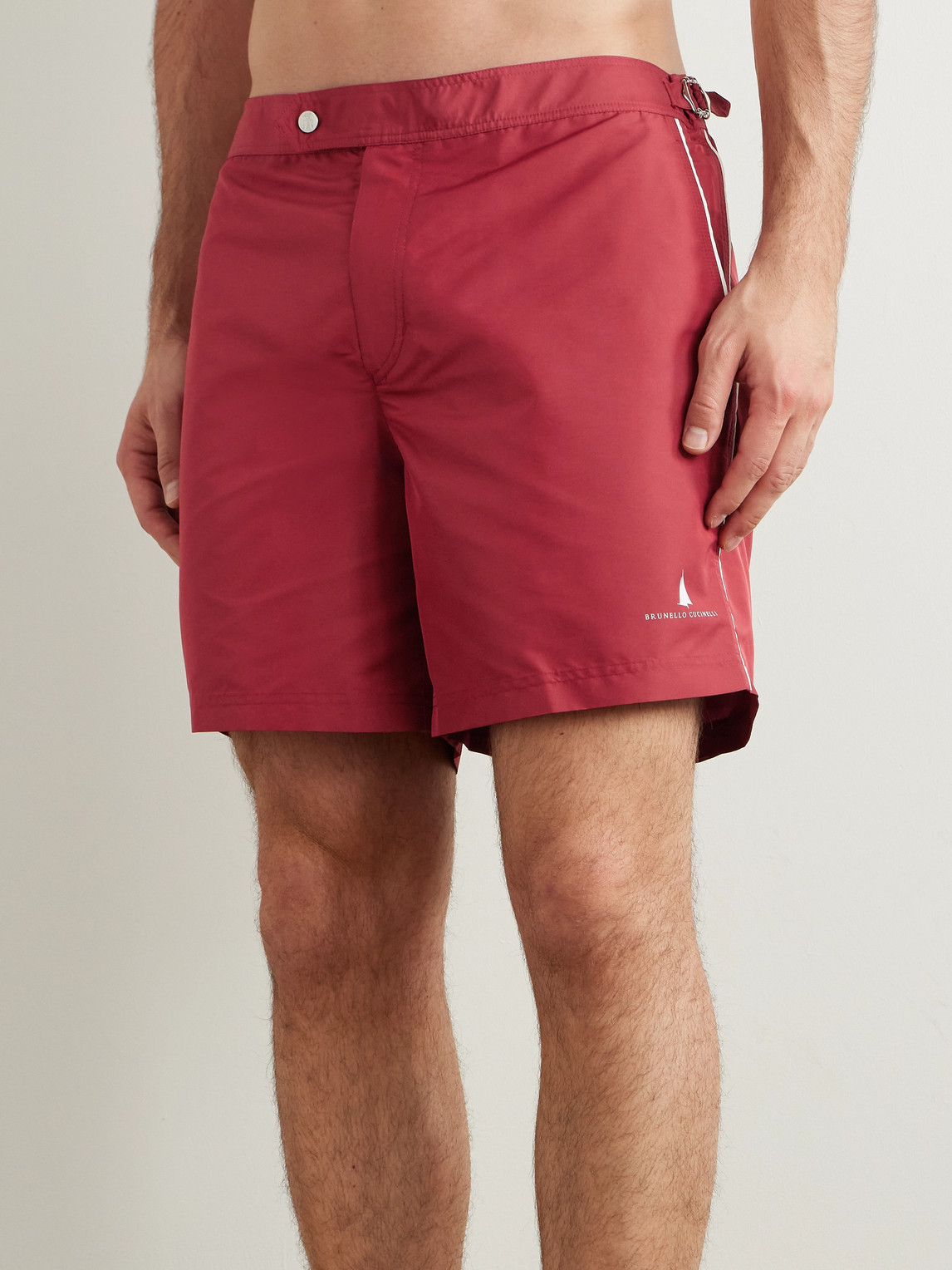 Brunello Cucinelli Straight-leg Mid-length Logo-print Swim Shorts In Red