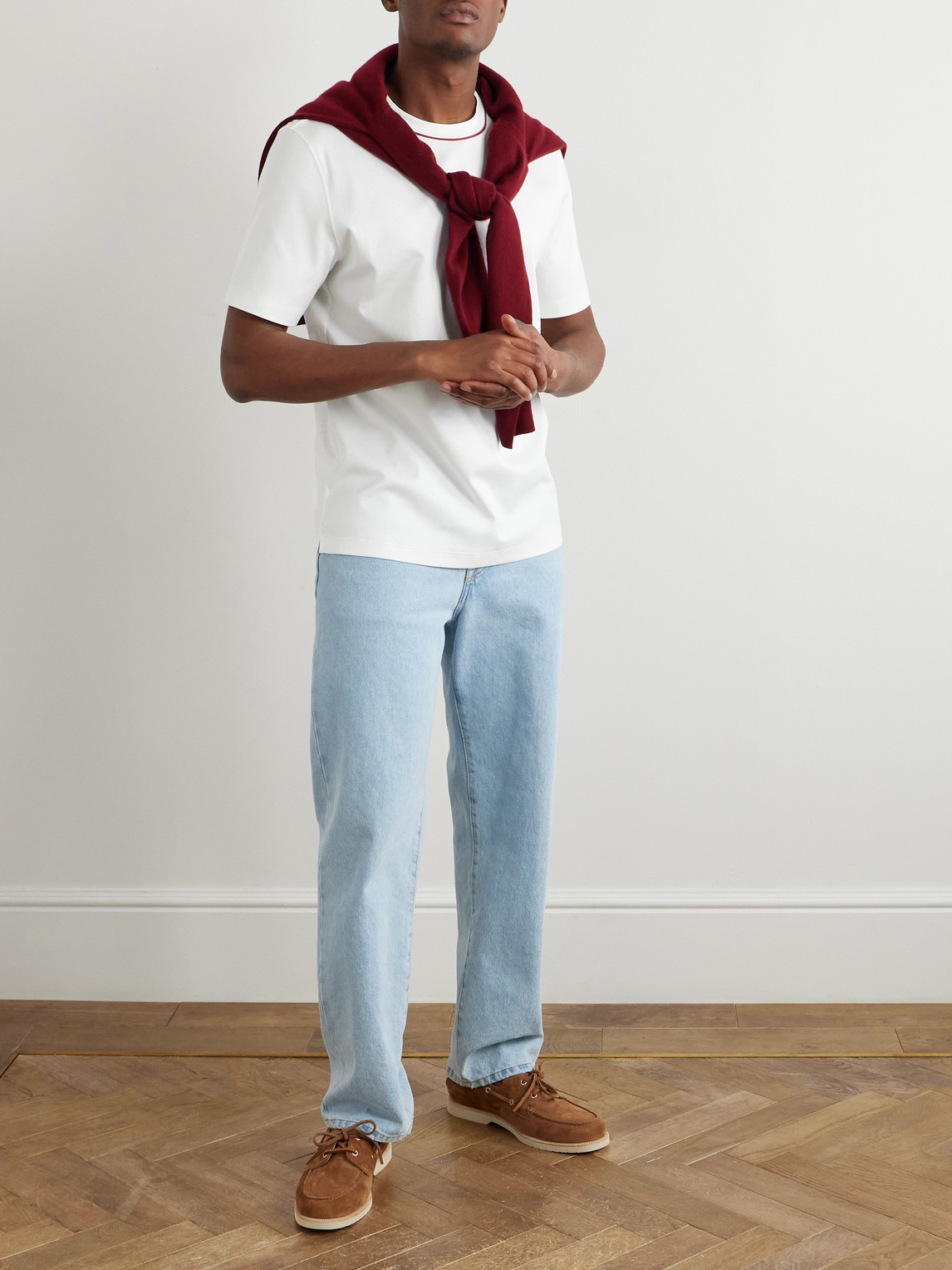 Brunello Cucinelli Piped Cotton-jersey T-shirt In White