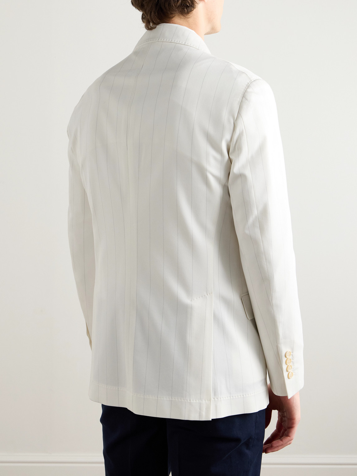 BRUNELLO CUCINELLI DOUBLE-BREASTED PINSTRIPED WOOL AND COTTON-BLEND TWILL BLAZER