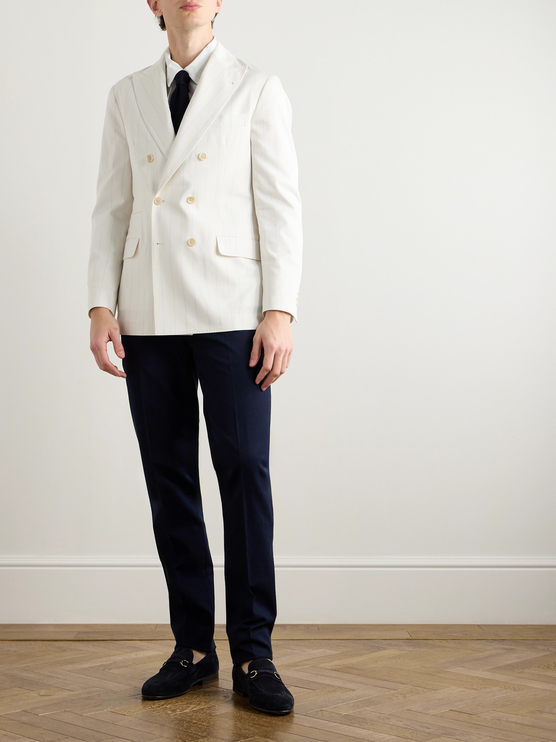 BRUNELLO CUCINELLI DOUBLE-BREASTED PINSTRIPED WOOL AND COTTON-BLEND TWILL BLAZER