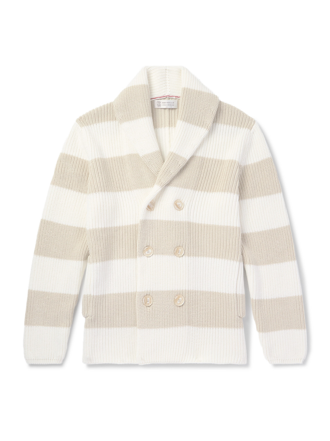 Brunello Cucinelli Slim-fit Double-breasted Shawl-collar Striped Cotton Cardigan In Neutrals