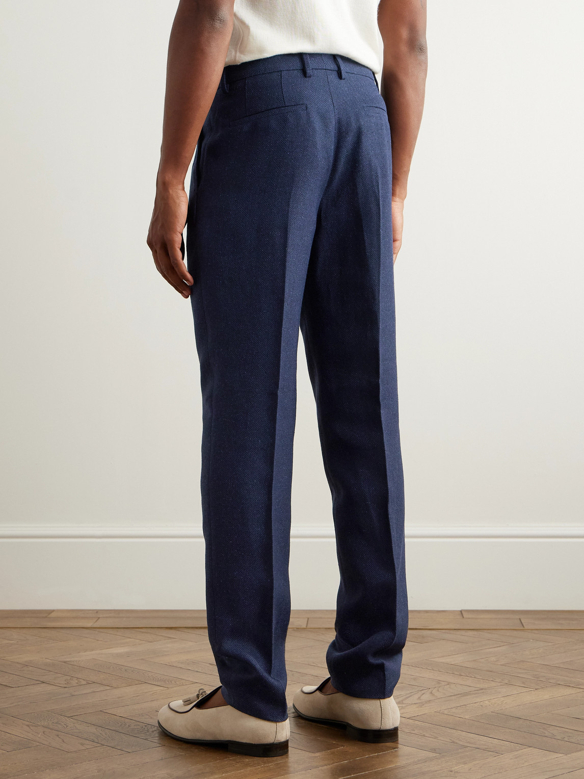 Brunello Cucinelli Tapered Pleated Striped Linen, Silk, Wool And Cotton-blend Suit Trousers In Blue