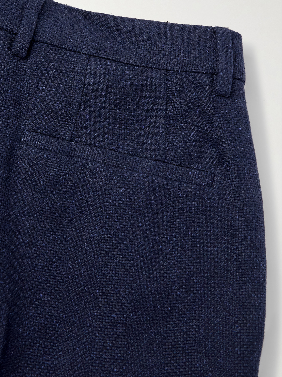 Brunello Cucinelli Tapered Pleated Striped Linen, Silk, Wool And Cotton-blend Suit Trousers In Blue
