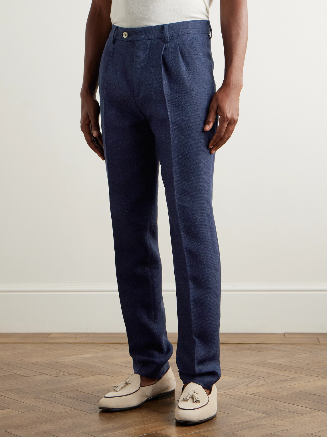 Brunello Cucinelli Tapered Pleated Striped Linen, Silk, Wool And Cotton-blend Suit Trousers In Blue