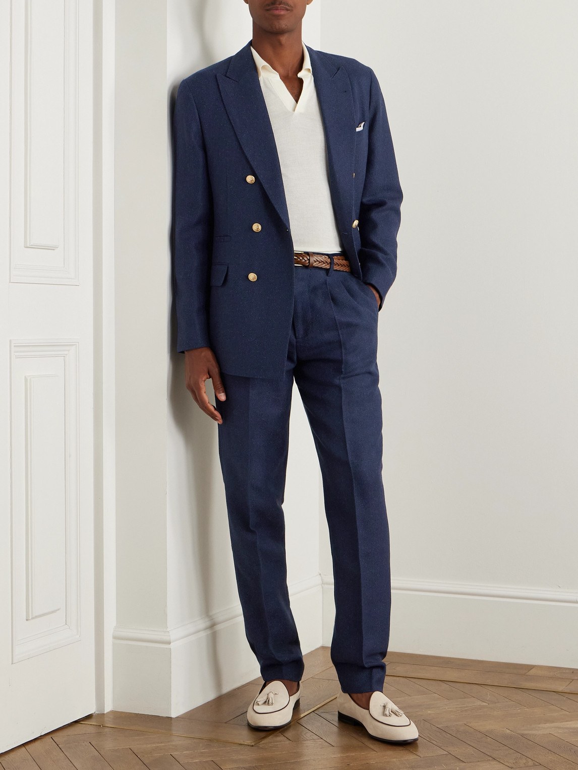 Brunello Cucinelli Tapered Pleated Striped Linen, Silk, Wool And Cotton-blend Suit Trousers In Blue
