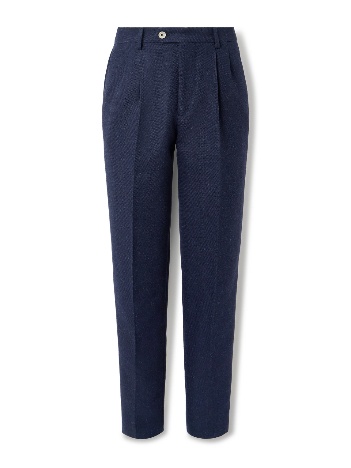 Brunello Cucinelli Tapered Pleated Striped Linen, Silk, Wool And Cotton-blend Suit Trousers In Blue