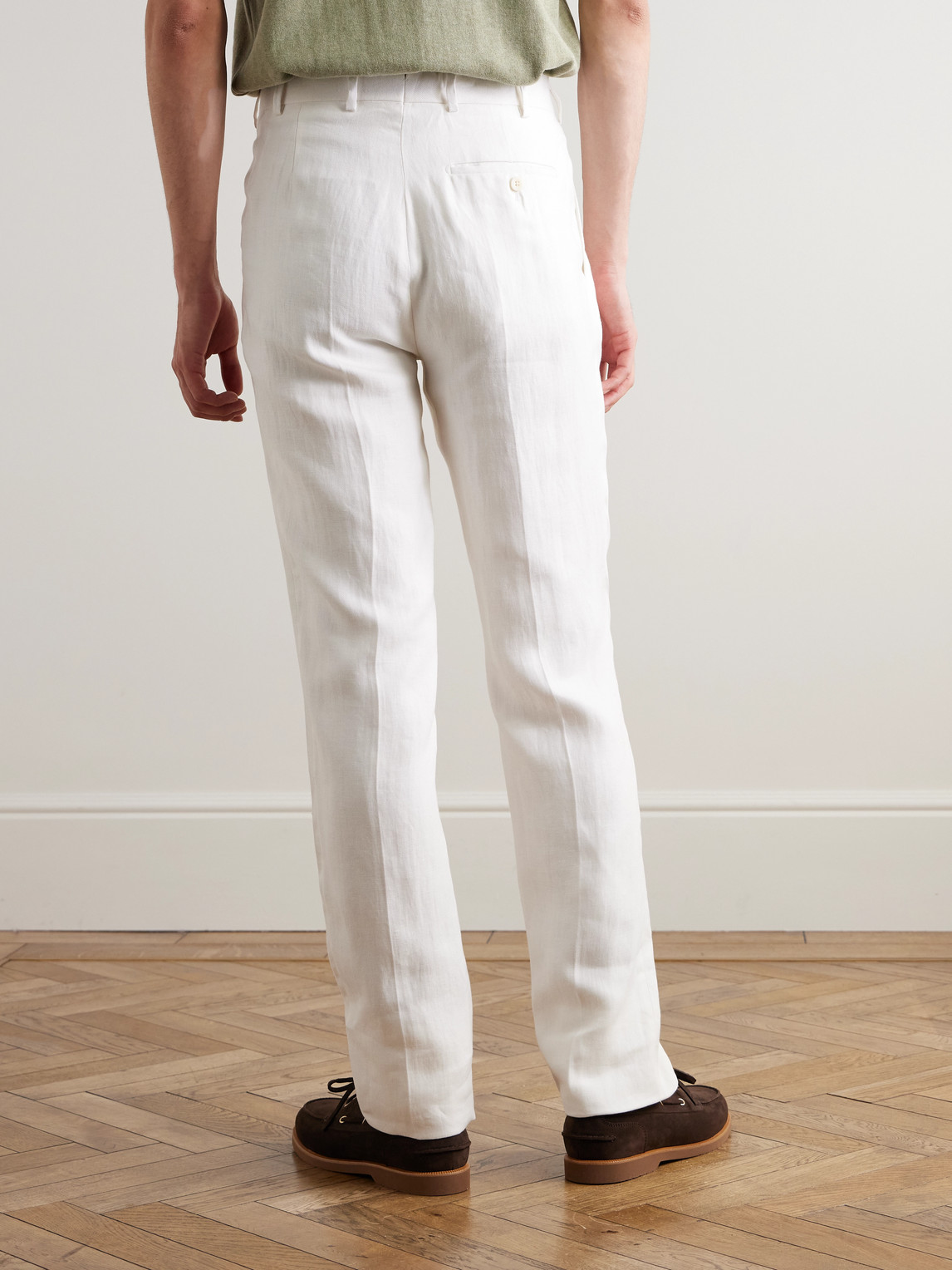 Shop Kingsman Tapered Pleated Herringbone Linen-twill Suit Trousers