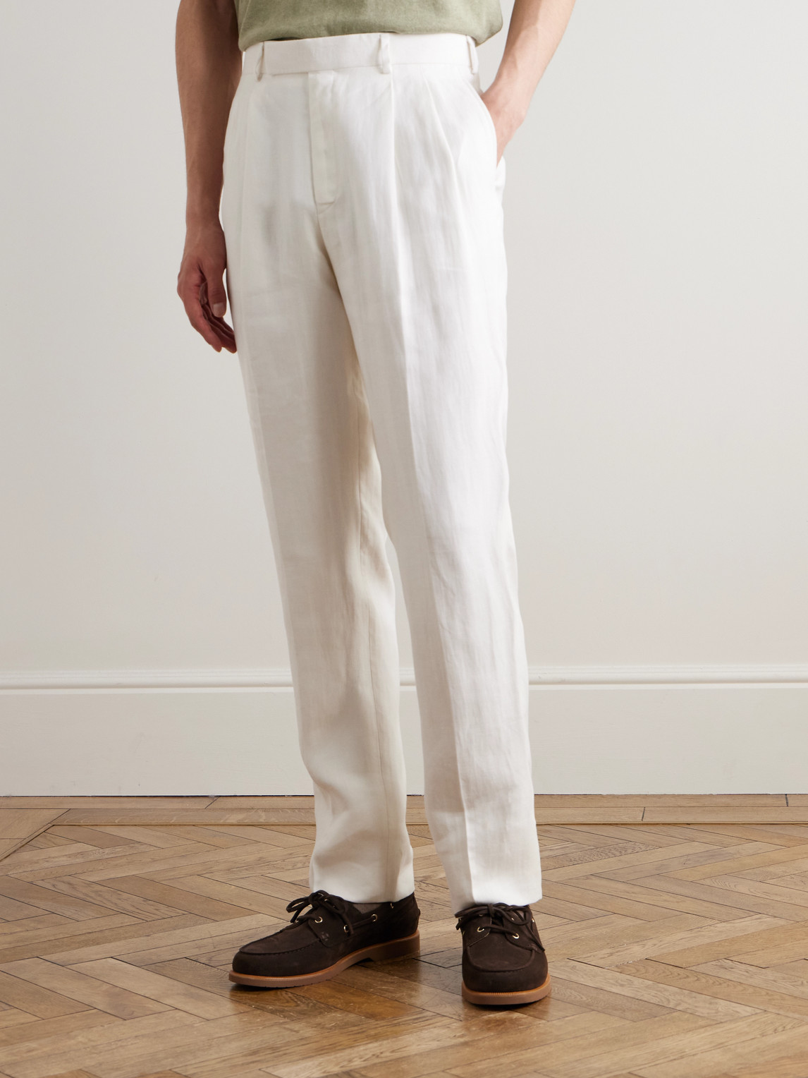 Shop Kingsman Tapered Pleated Herringbone Linen-twill Suit Trousers