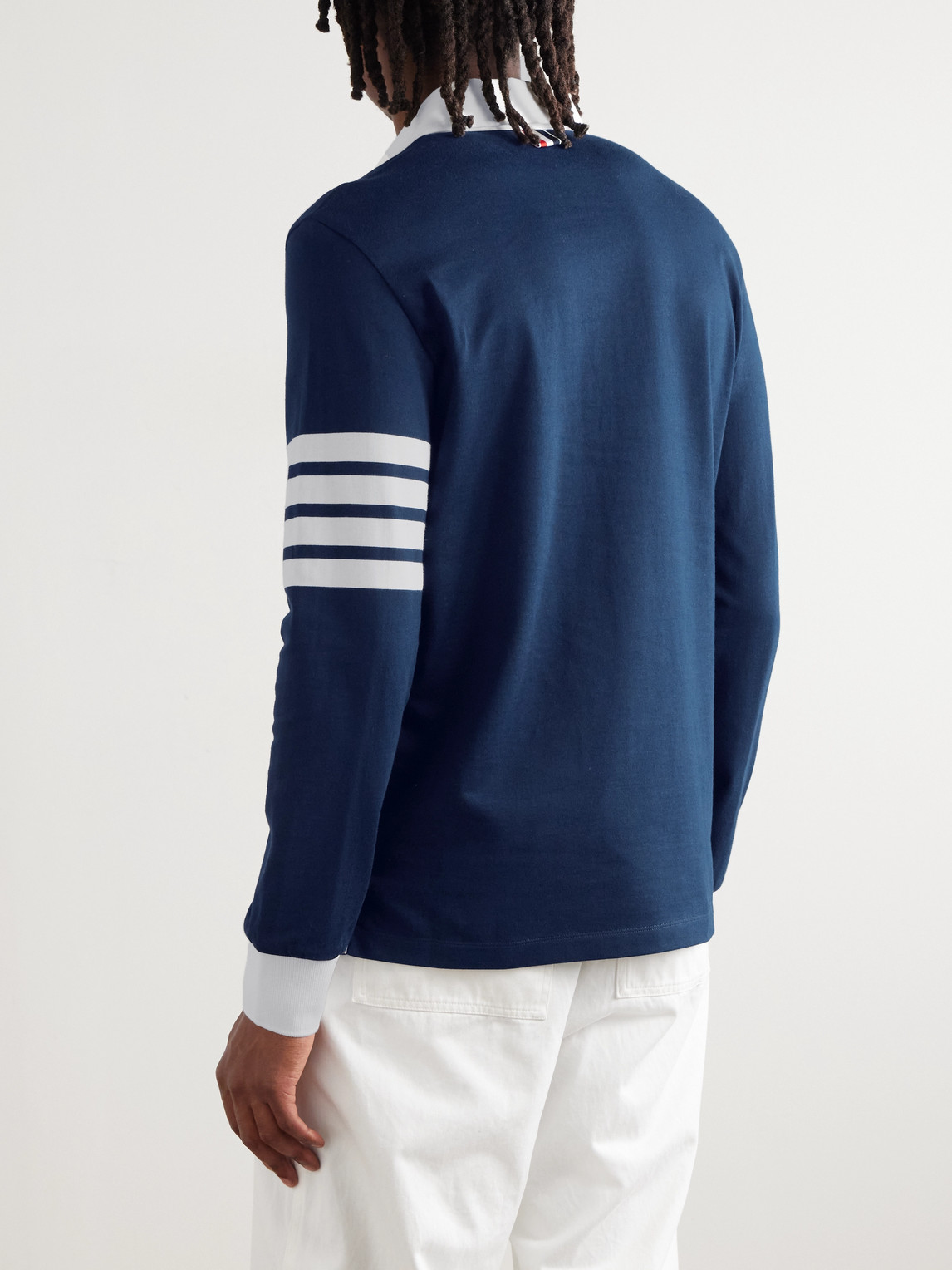 Thom Browne Cotton Polo Shirt With White Collar And Cuffs In Blue