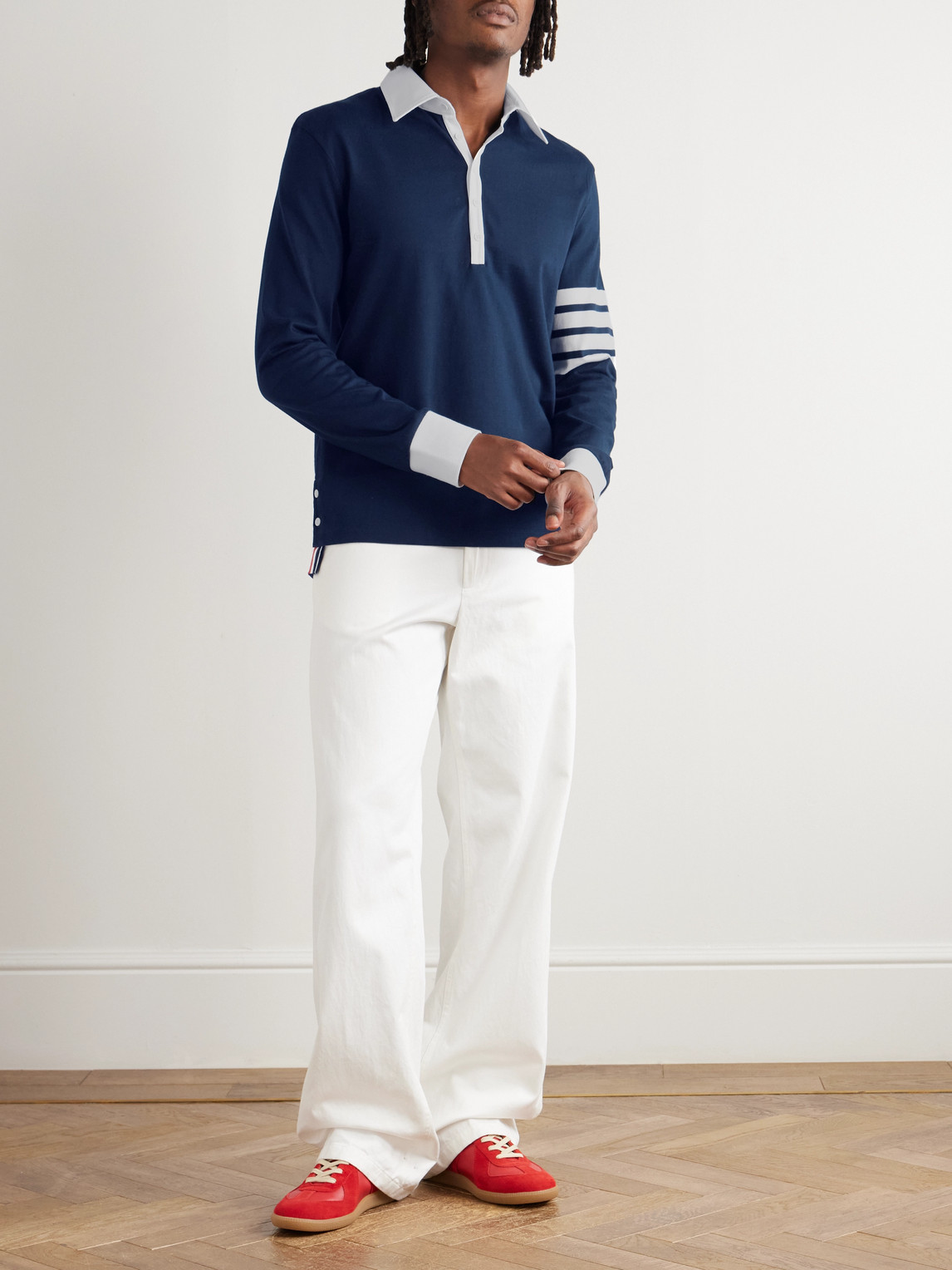 Thom Browne Cotton Polo Shirt With White Collar And Cuffs In Blue