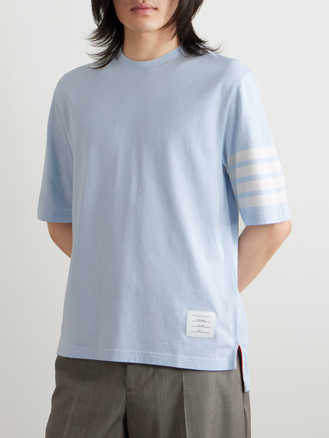 Thom Browne Logo-appliquéd Striped Cotton-jersey T-shirt In Blue