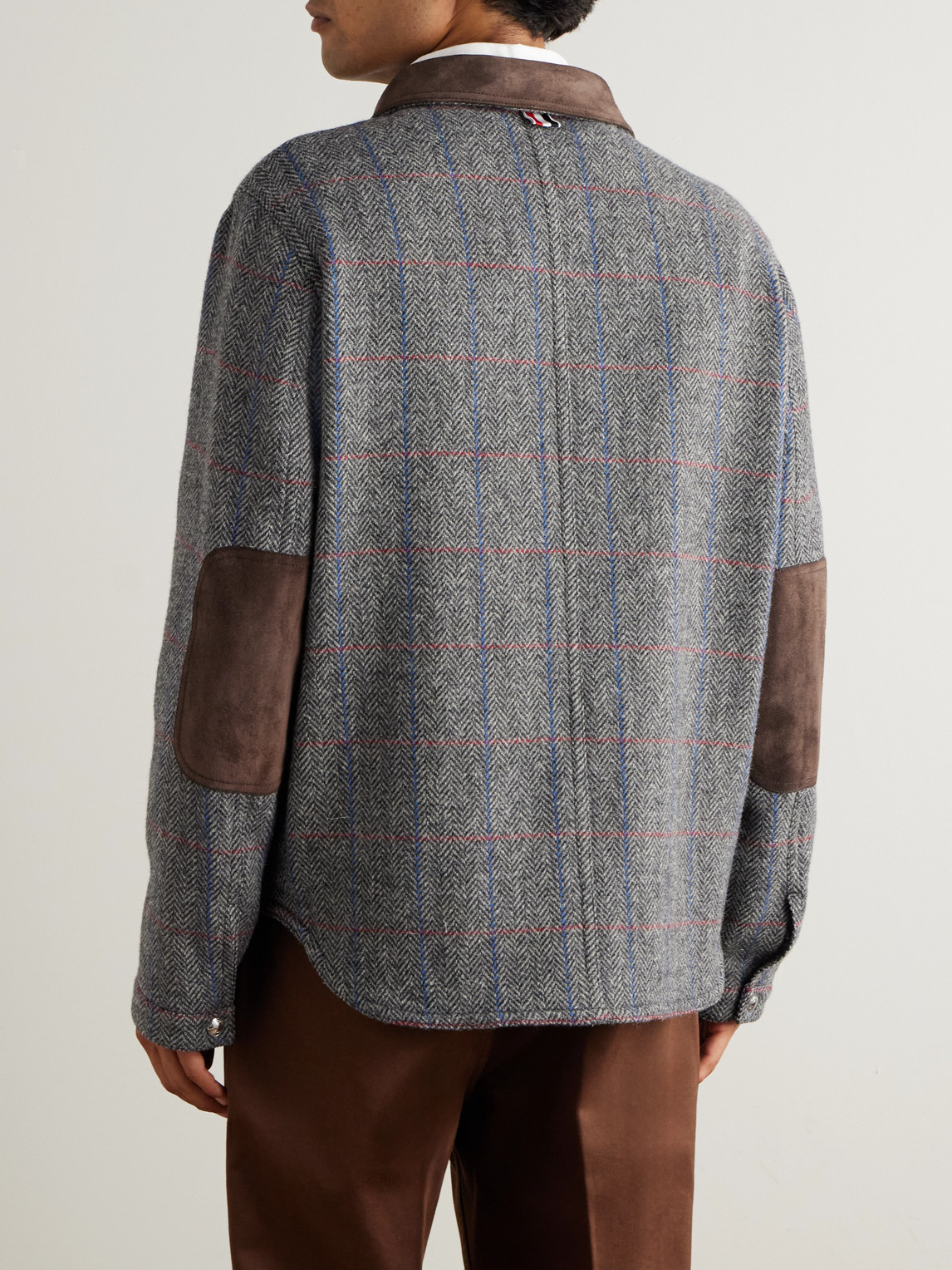 Thom Browne Suede-trimmed Checked Herringbone Wool Jacket In Gray