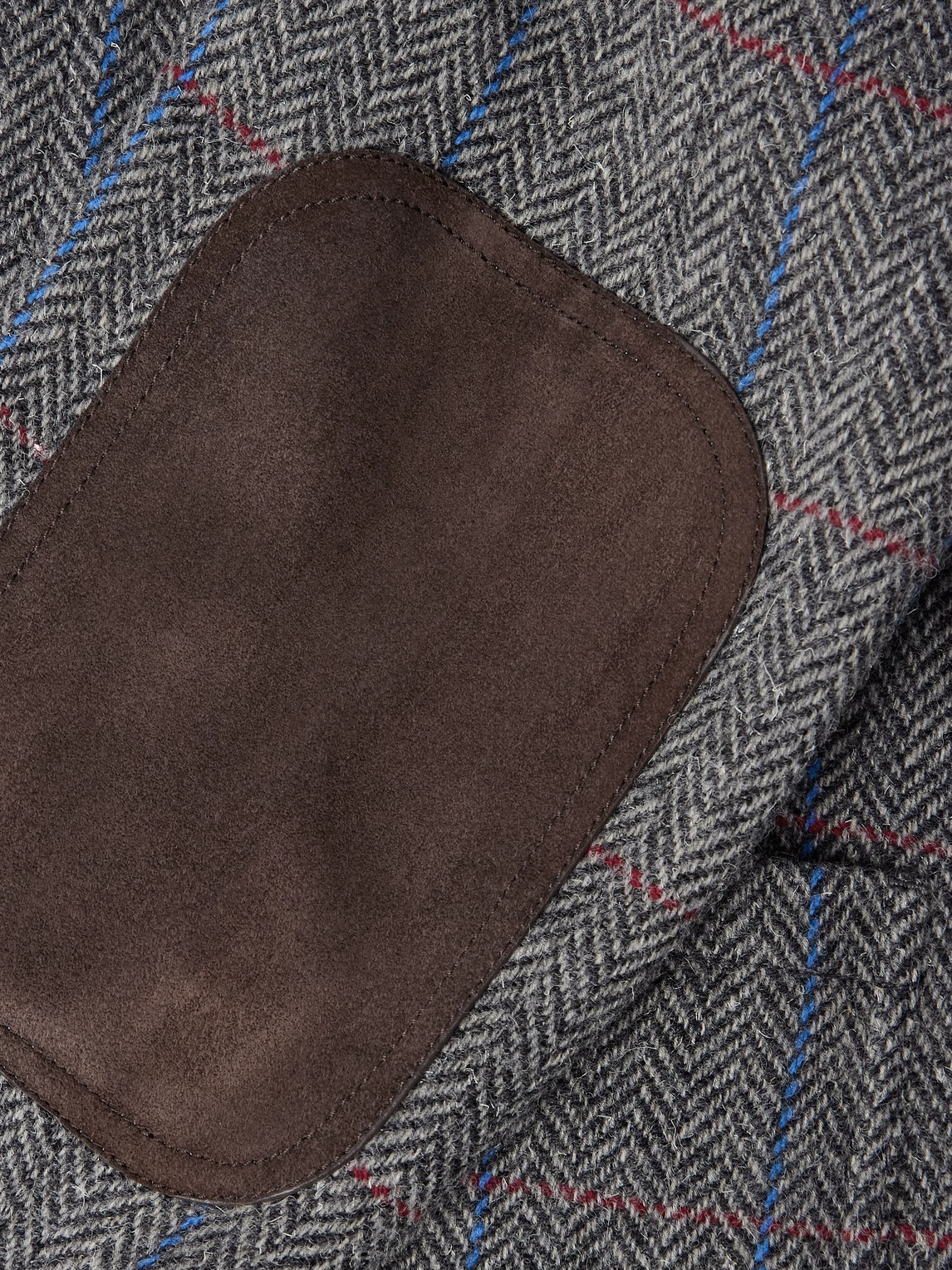 Thom Browne Suede-trimmed Checked Herringbone Wool Jacket In Gray