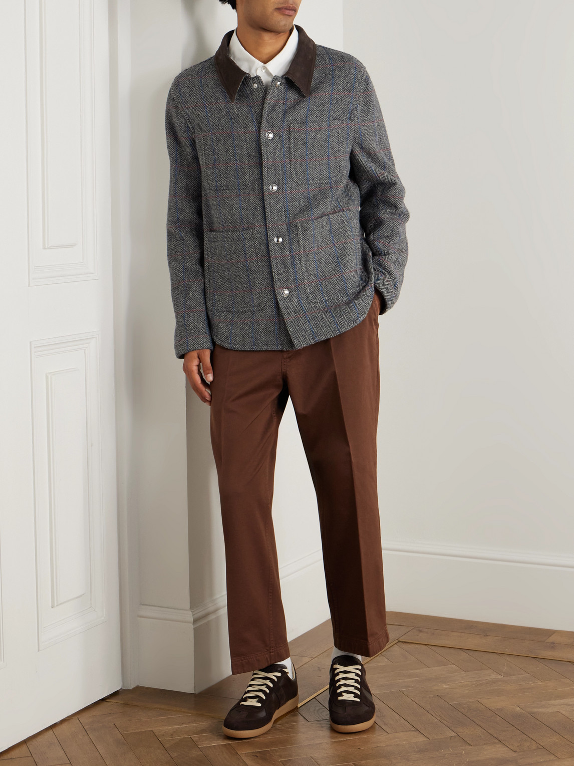 Thom Browne Suede-trimmed Checked Herringbone Wool Jacket In Gray