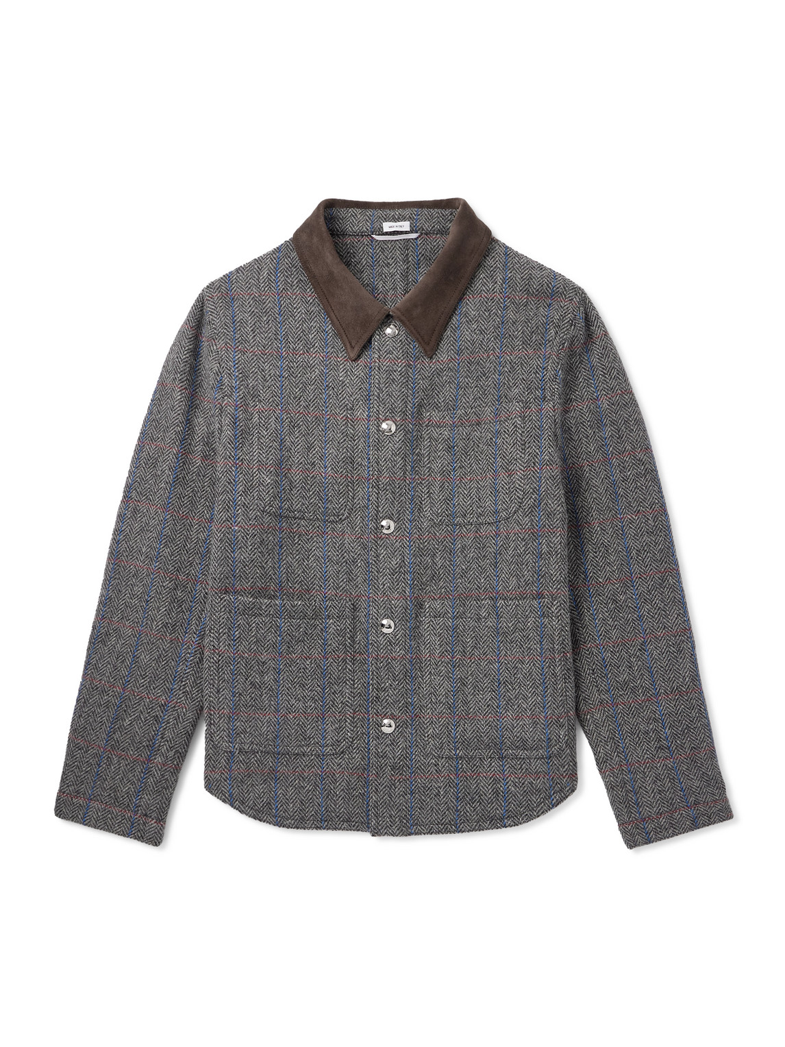 Thom Browne Suede-trimmed Checked Herringbone Wool Jacket In Gray