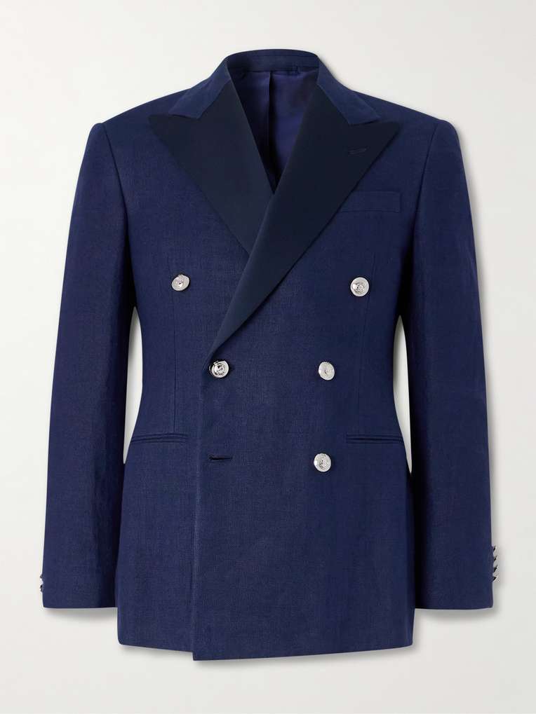 RALPH LAUREN PURPLE LABEL Double-Breasted Satin-Trimmed Linen-Canvas Blazer