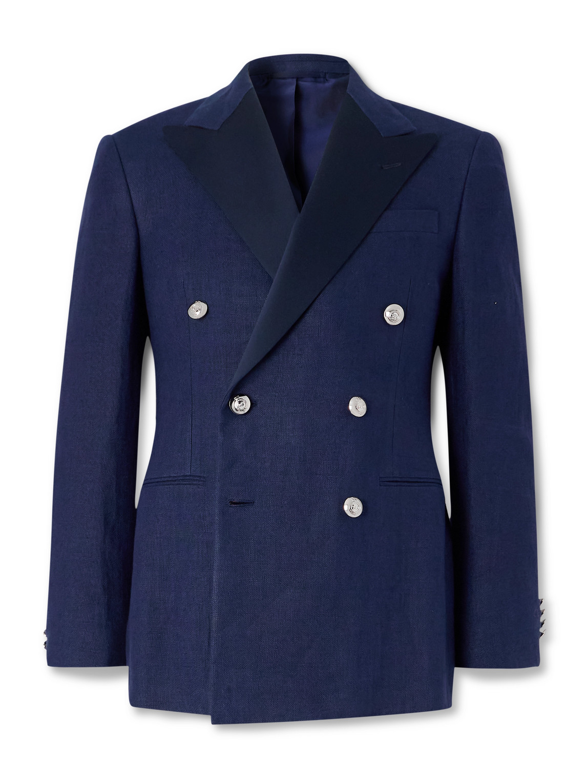 Double-Breasted Satin-Trimmed Linen-Canvas Blazer