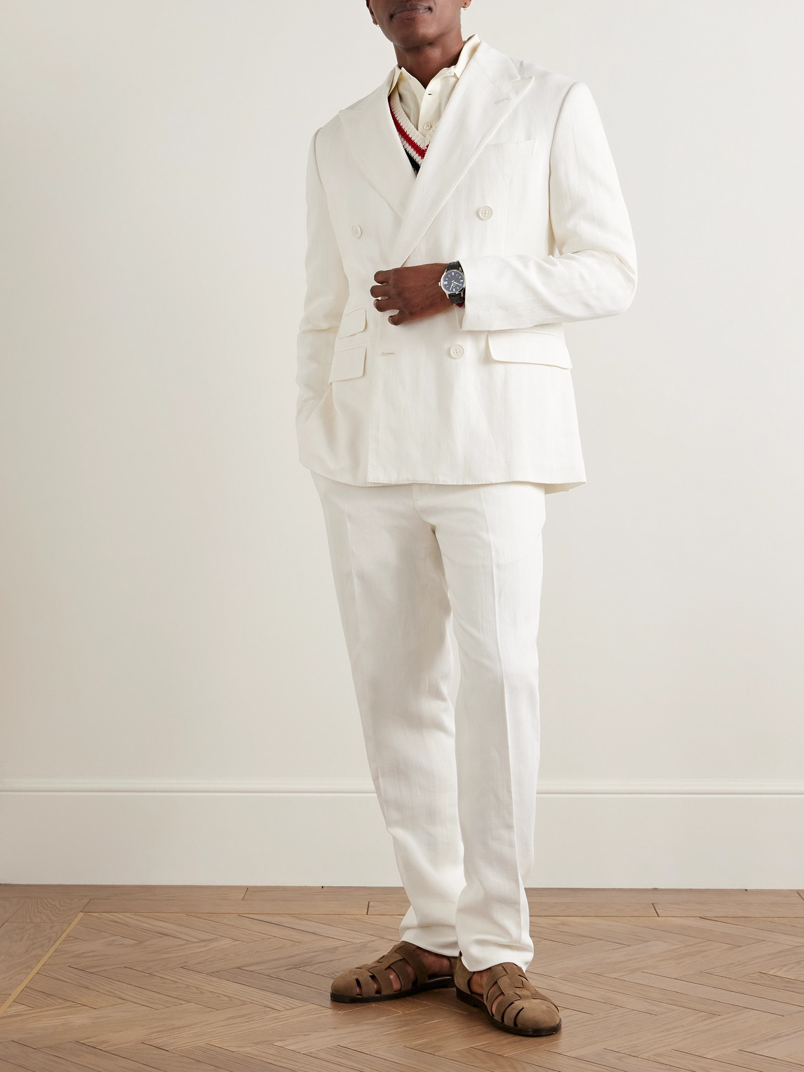 Ralph Lauren Double-breasted Herringbone Cotton And Linen-blend Suit Jacket In Neutrals