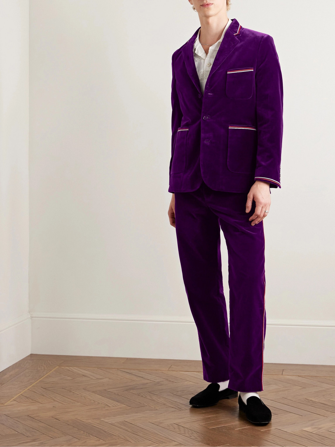 Bode Showcase Soutache-trimmed Cotton-velvet Suit Jacket In Purple