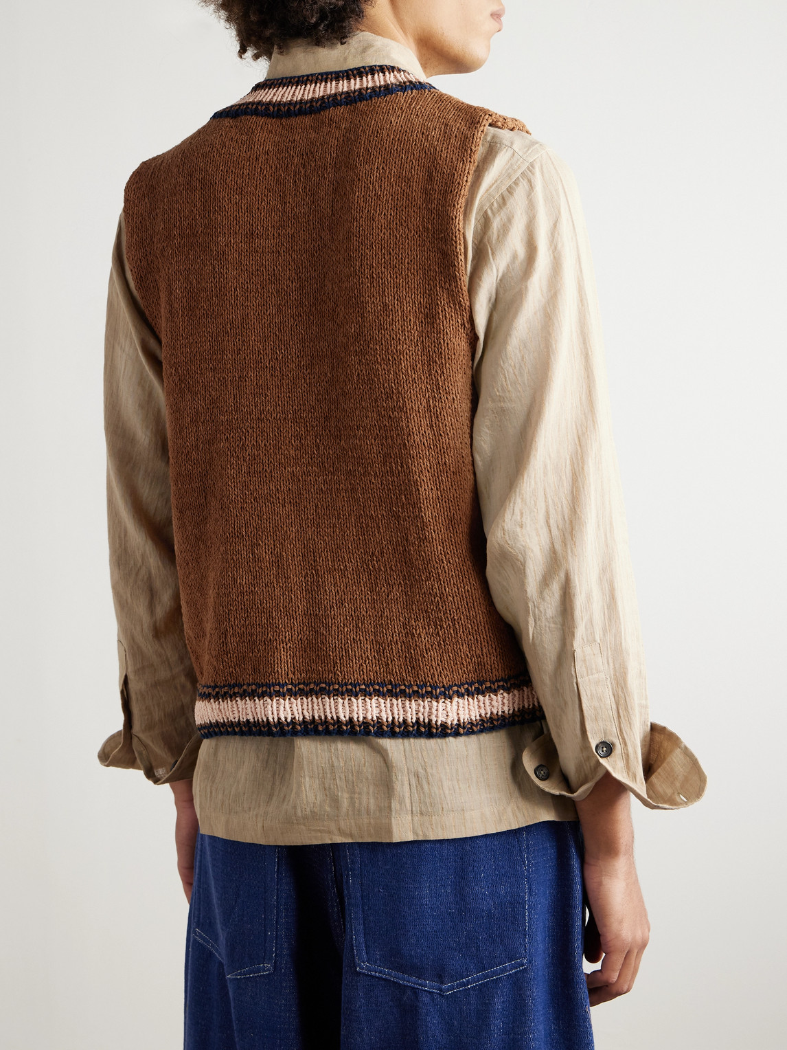 Story Mfg. Striped Organic Cotton Sweater Vest In Brown
