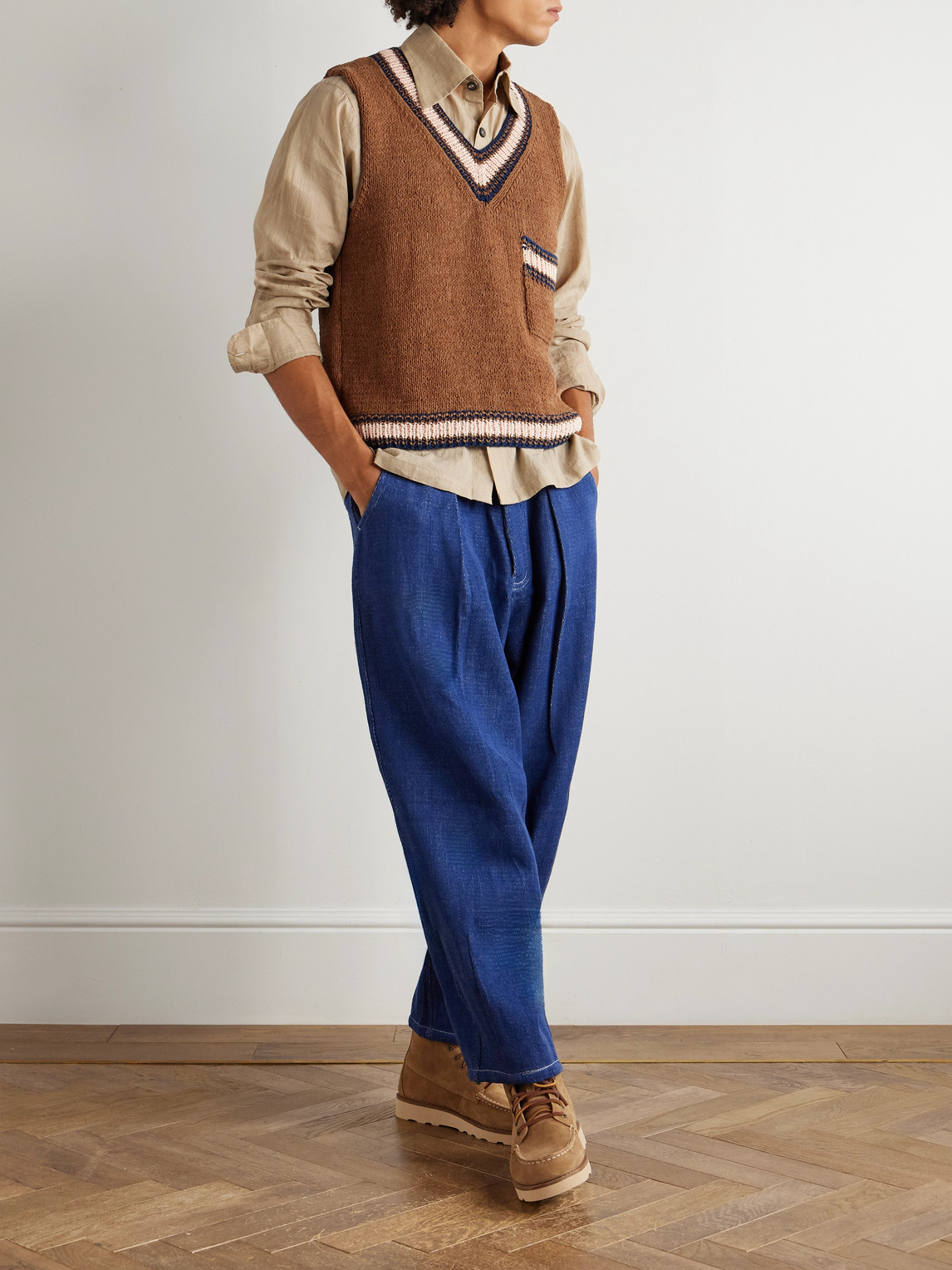 Story Mfg. Striped Organic Cotton Sweater Vest In Brown