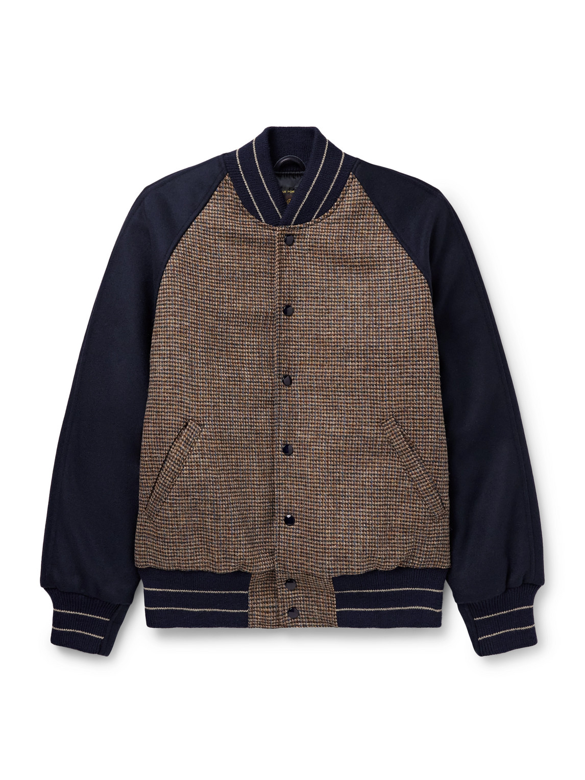 Puppytooth Tweed-Panelled Wool Varsity Jacket