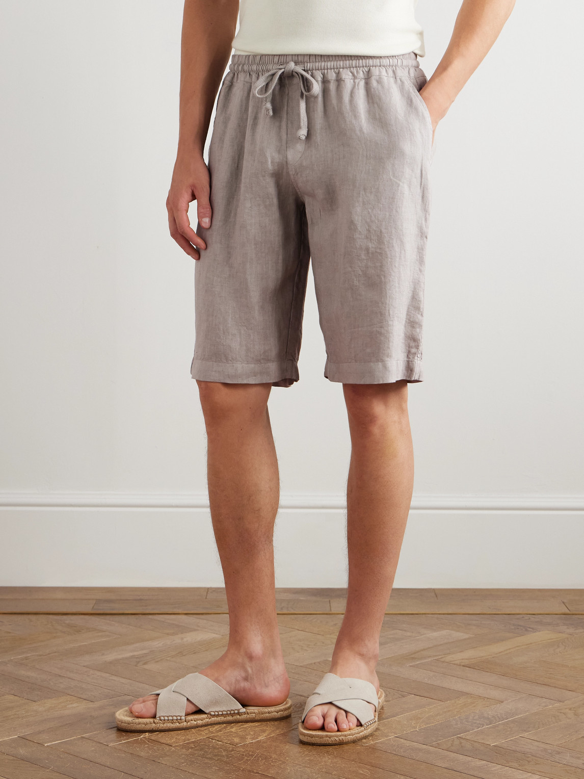 Fedeli Vico Straight-leg Linen Drawstring Shorts In Gray
