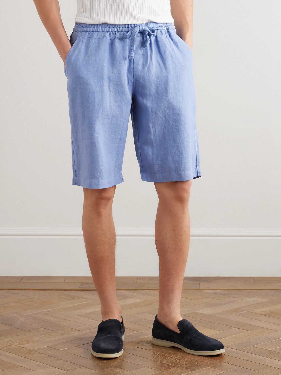 Fedeli Vico Straight-leg Linen Drawstring Shorts In Blue