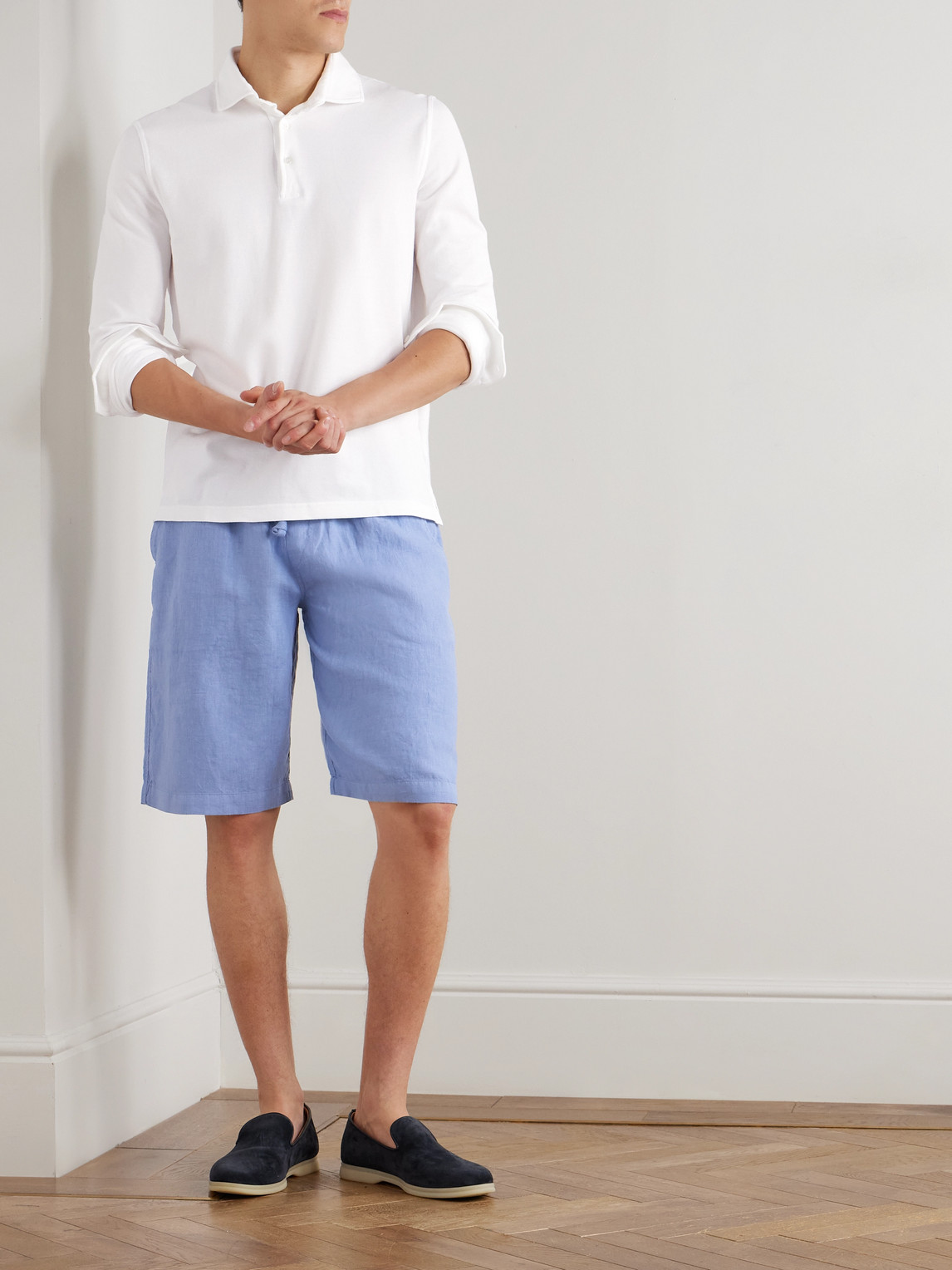 Fedeli Vico Straight-leg Linen Drawstring Shorts In Blue