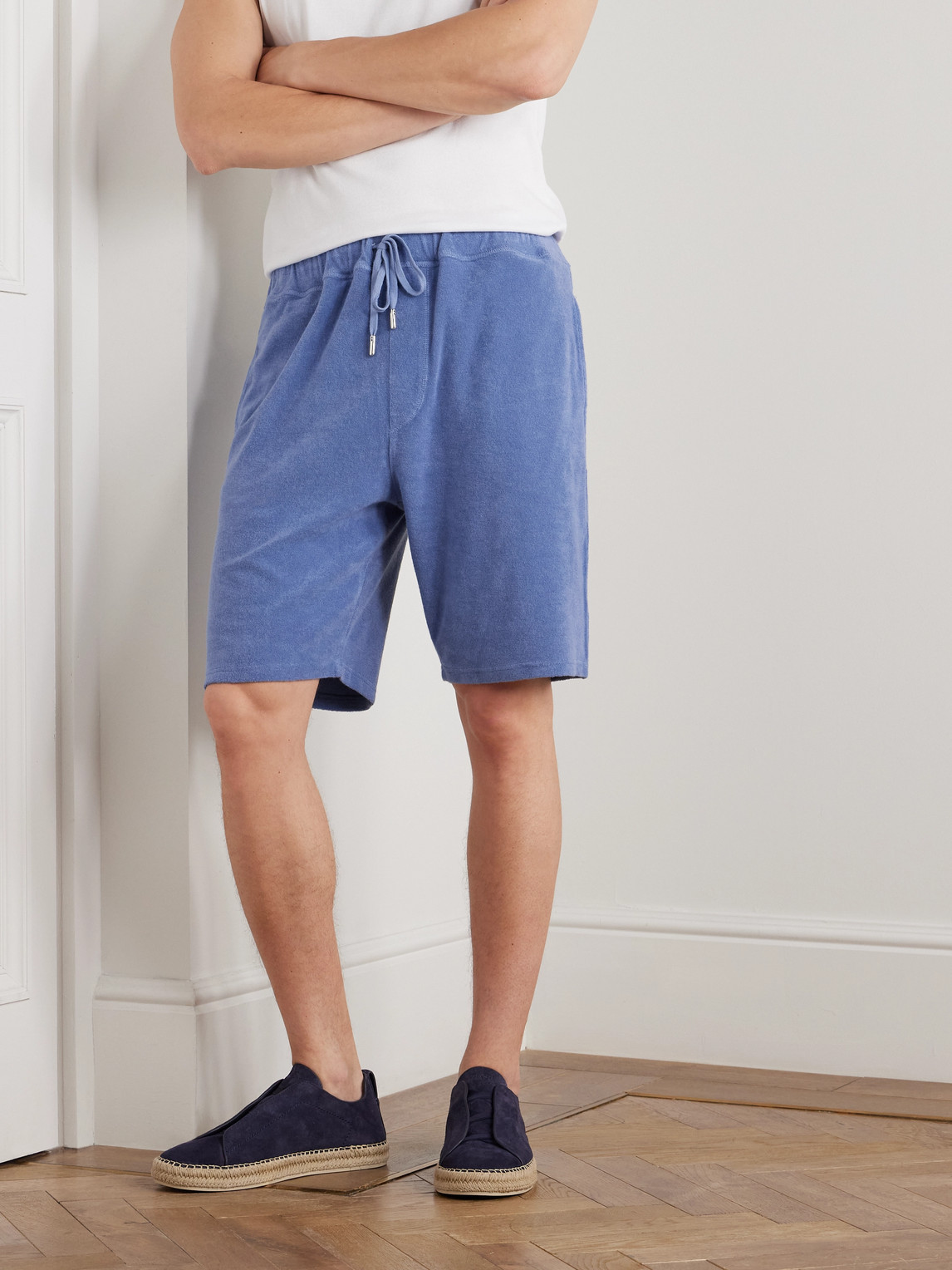Fedeli Slim-fit Cotton-terry Drawstring Shorts In Blue