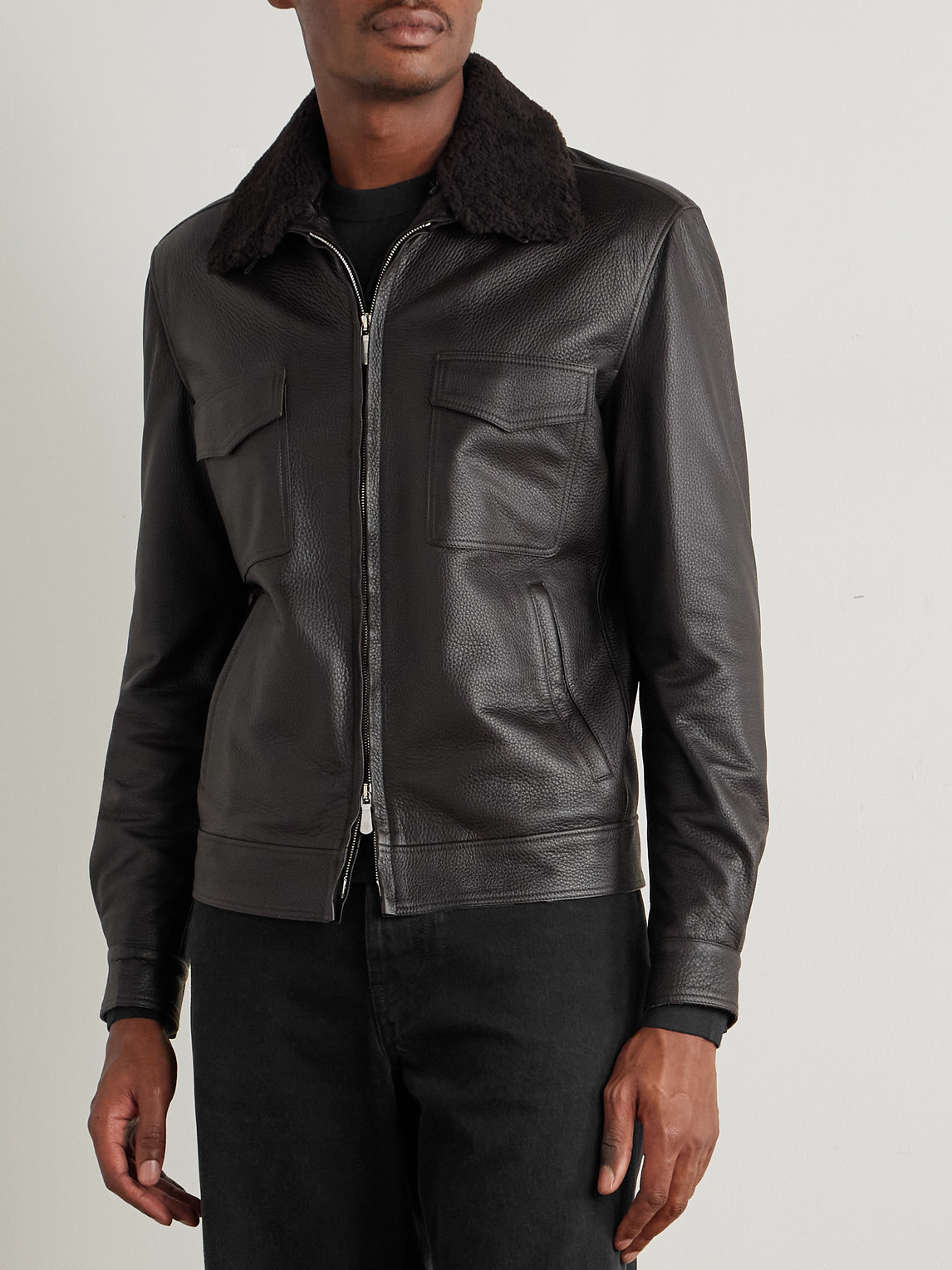  Eleventy - Shearling-trimmed Leather Bomber Jacket - Men - Brown - It 46 