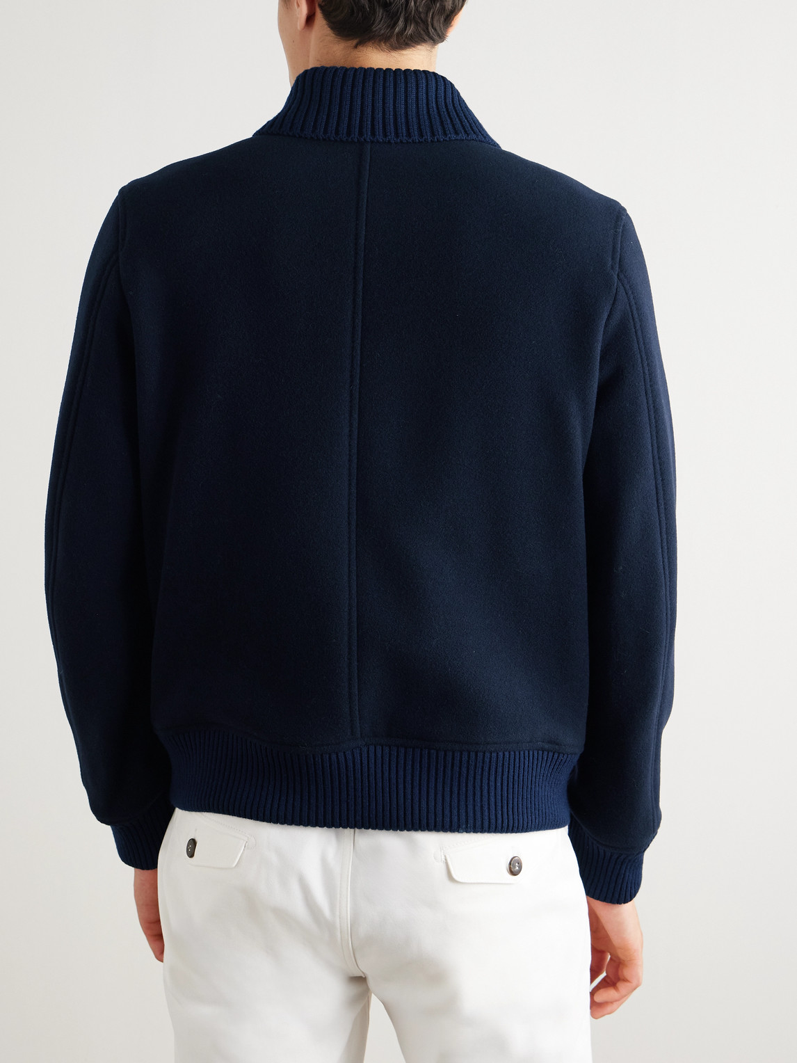 Eleventy Slim-fit Ribbed-knit Trimmed Wool-blend Bomber Jacket In Blue