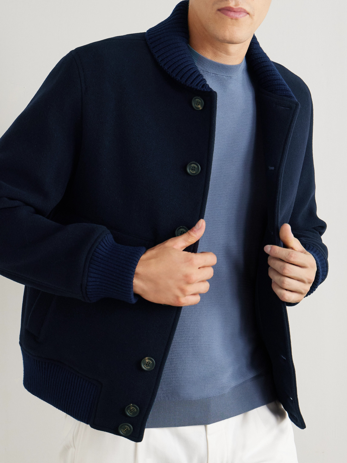 Eleventy Slim-fit Ribbed-knit Trimmed Wool-blend Bomber Jacket In Blue