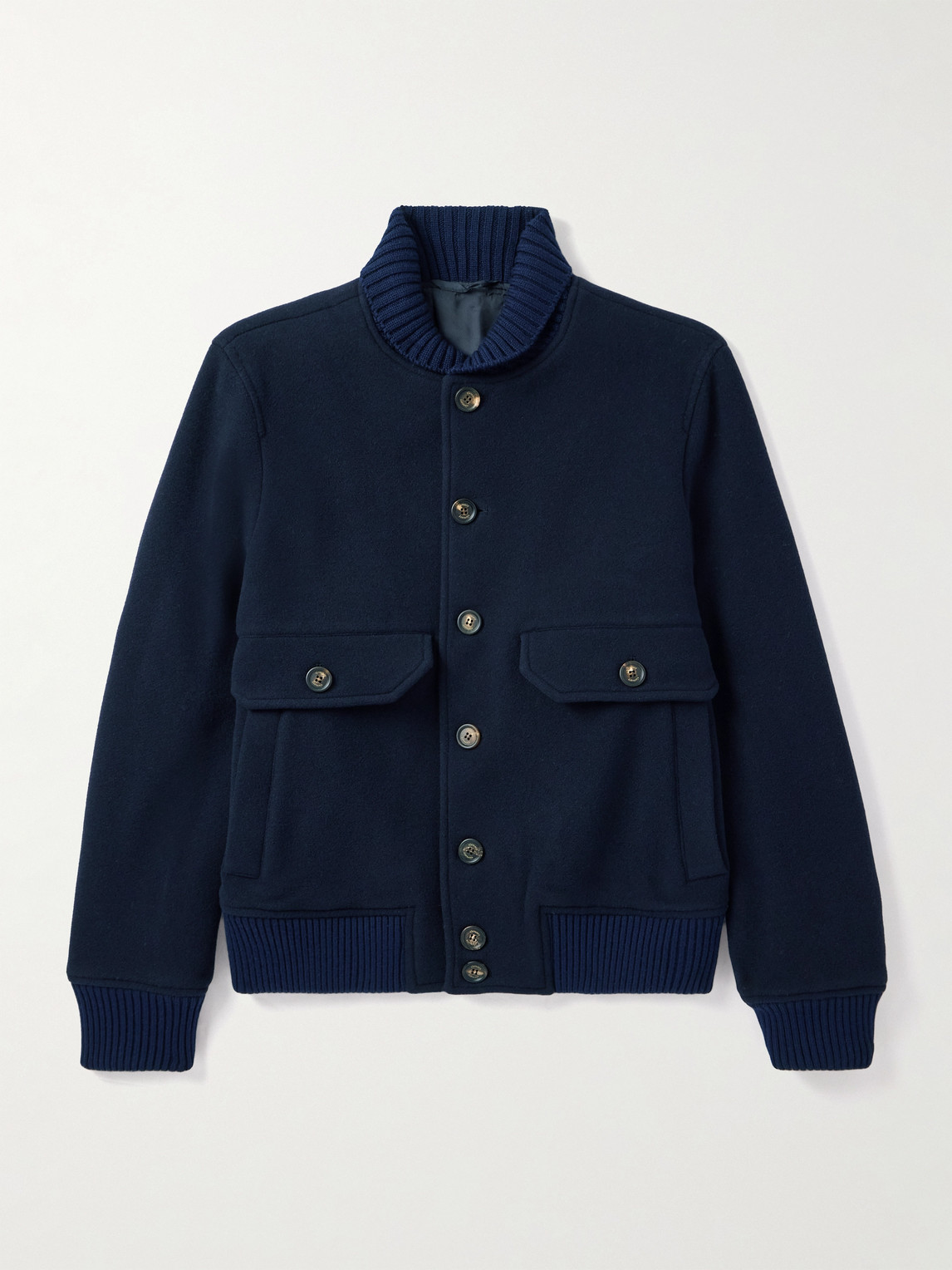 Eleventy Slim-fit Ribbed-knit Trimmed Wool-blend Bomber Jacket In Blue