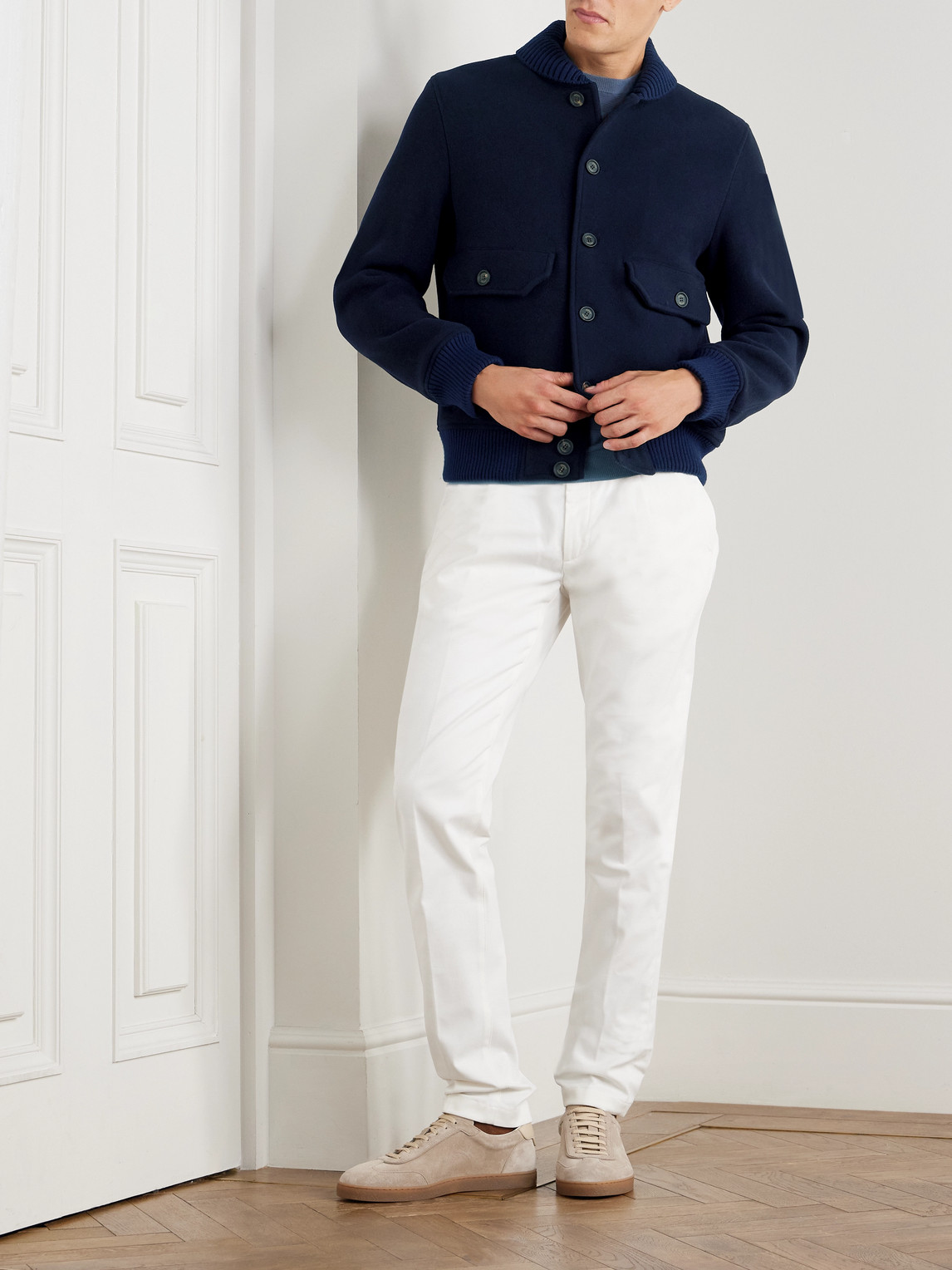 Eleventy Slim-fit Ribbed-knit Trimmed Wool-blend Bomber Jacket In Blue