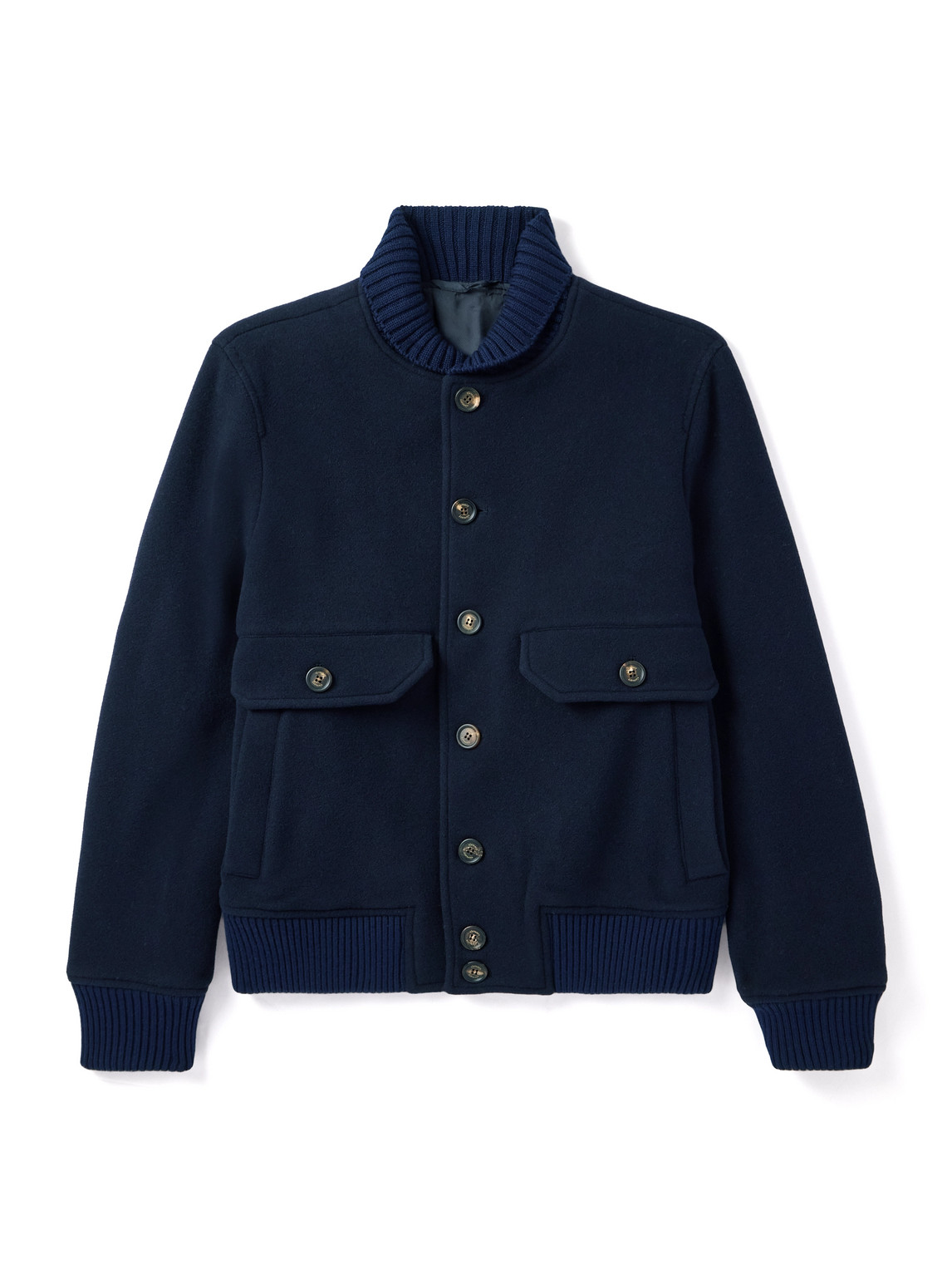 Eleventy Slim-fit Ribbed-knit Trimmed Wool-blend Bomber Jacket In Blue