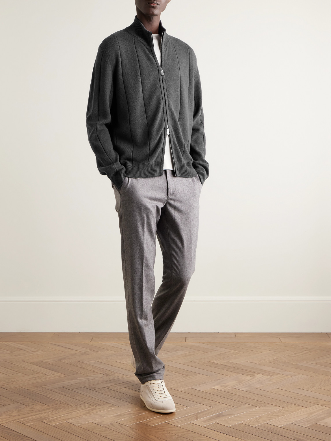 Ribbed Wool Zip-Up Cardigan