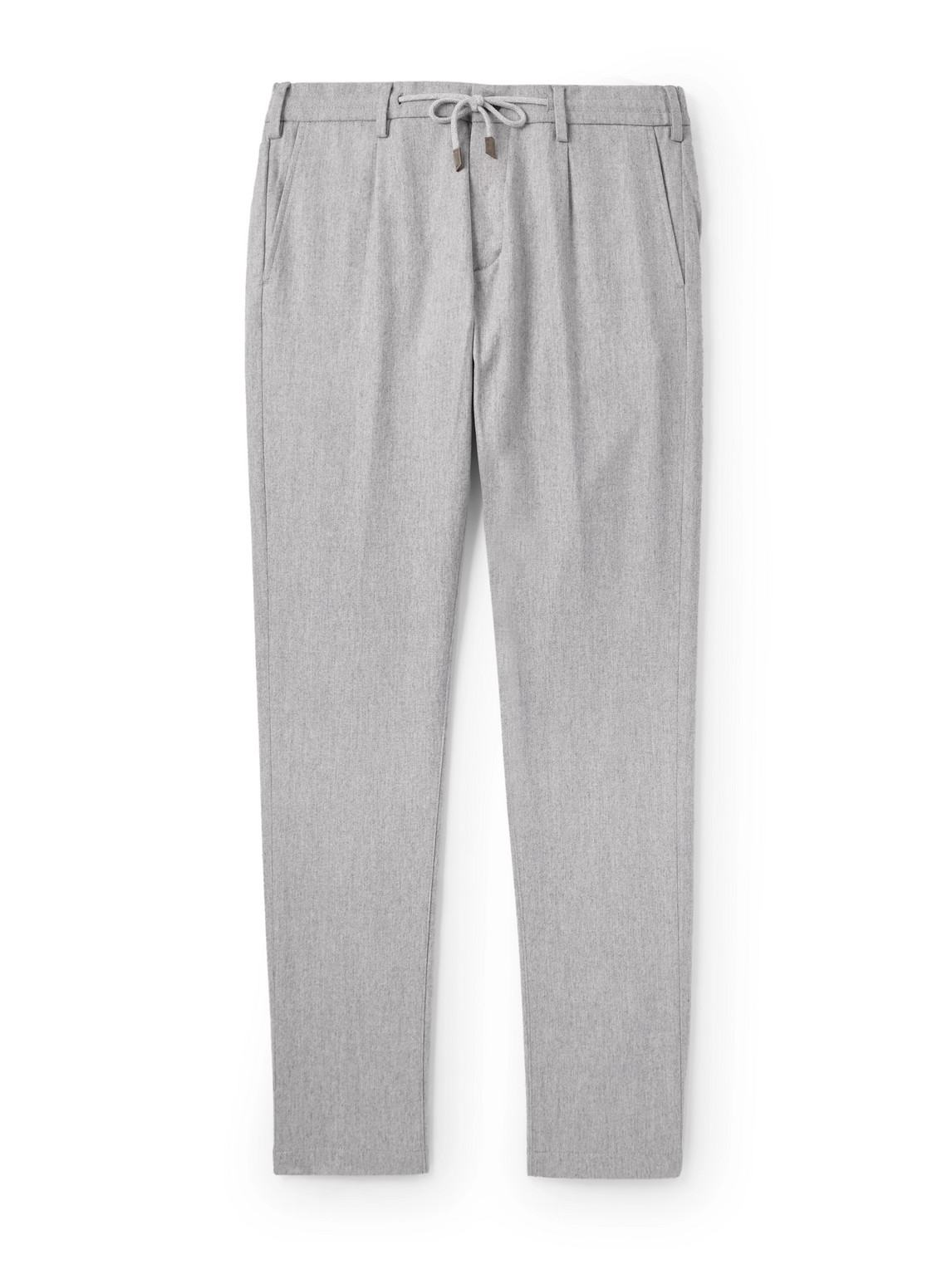 Eleventy Slim-fit Straight-leg Pleated Stretch Wool And Cashmere-blend Drawstring Trousers In Gray