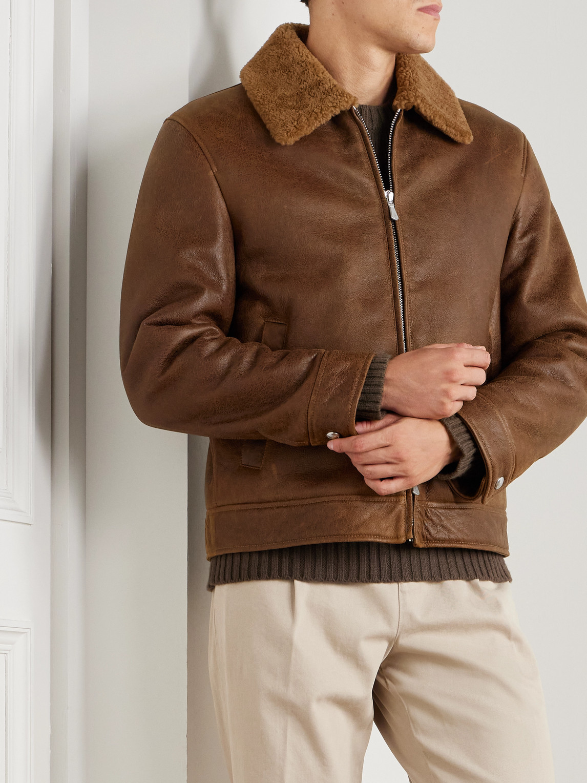 Eleventy Slim-fit Shearling Jacket In Brown